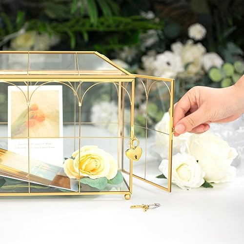 Miniatura 5 de Caja de cristal para tarjetas de boda con cerradura, 12.6 x 5.9 x 9 pulgadas, cajas de tarjetas doradas grandes para recepción de boda, graduación,