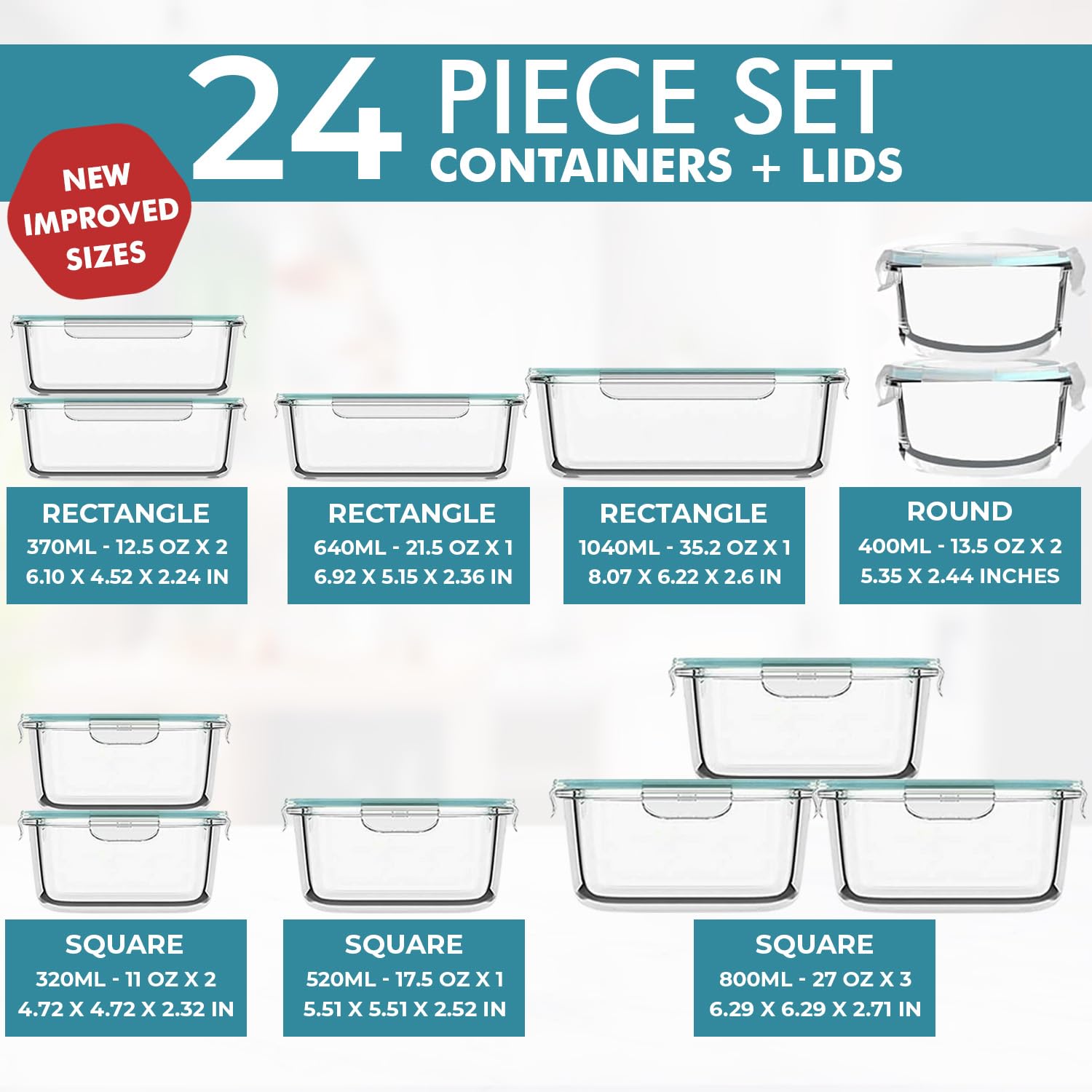 Razab 24 Piece Glass Food Storage Container w/Airtight lids – Microwave/Oven, Freezer and Dishwasher Safe – Steam Valve BPA/PVC Free – Small & Large Reusable Round, Square and Rectangular Container