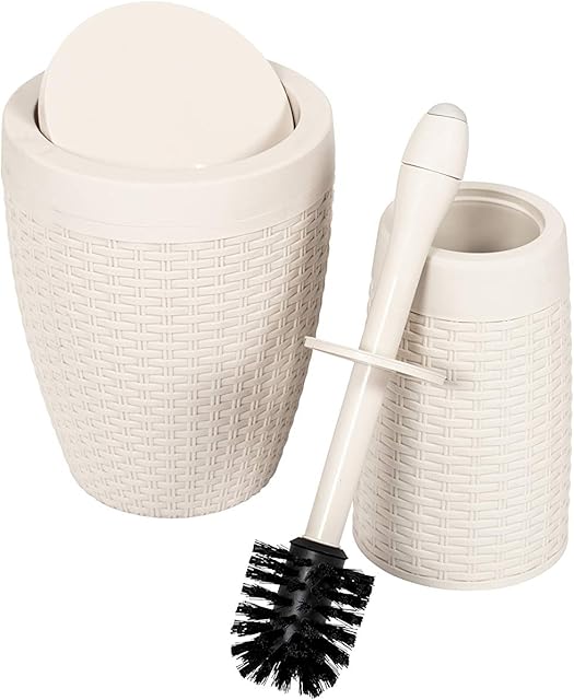 Addis Faux Rattan Dual Bathroom Round Swing Bin and Injection Toilet Brush Set, Calico Cream, Single