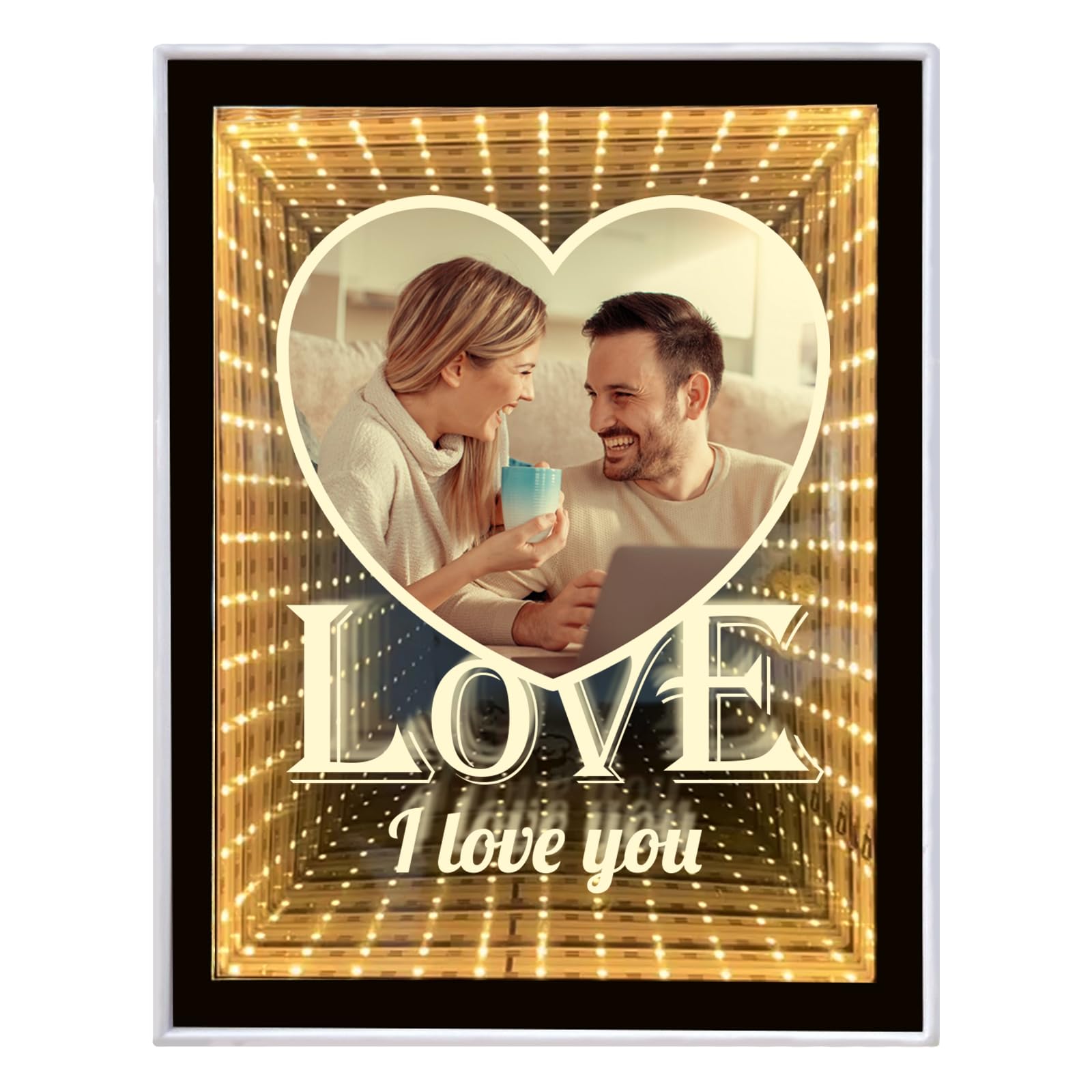 Custom Infinity Mirror Personalised Photos, Personalised Anniversary Birthday Valentines Day Gifts for Couples, Desktop LED Night Light Makeup Mirror 2 in 1 Home Decoration Bedroom Office Living Room