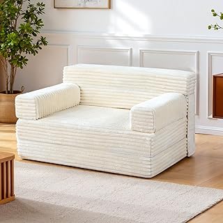 Folding Sofa Bed,Convertible Sofa Bed with Armrest Foldable Sleeper Chair, Portable Folding 4-in-1 Floor Sofa with Convertible Lounge Chair for Living Room,Bedroom,Washable Cover,White Single