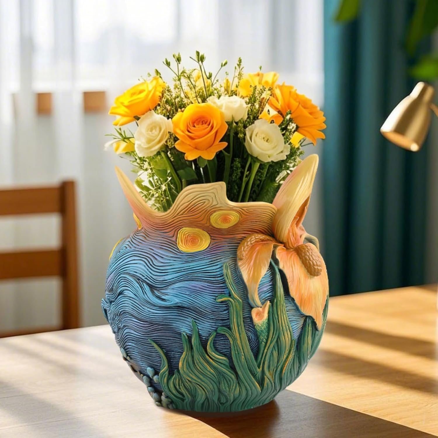 Starry Night Flower Pots Van Gogh Inspired Acolorful Art Flower Vase Handmade Resin Plant Pot for Indoor and Outdoor Home Art Decoration