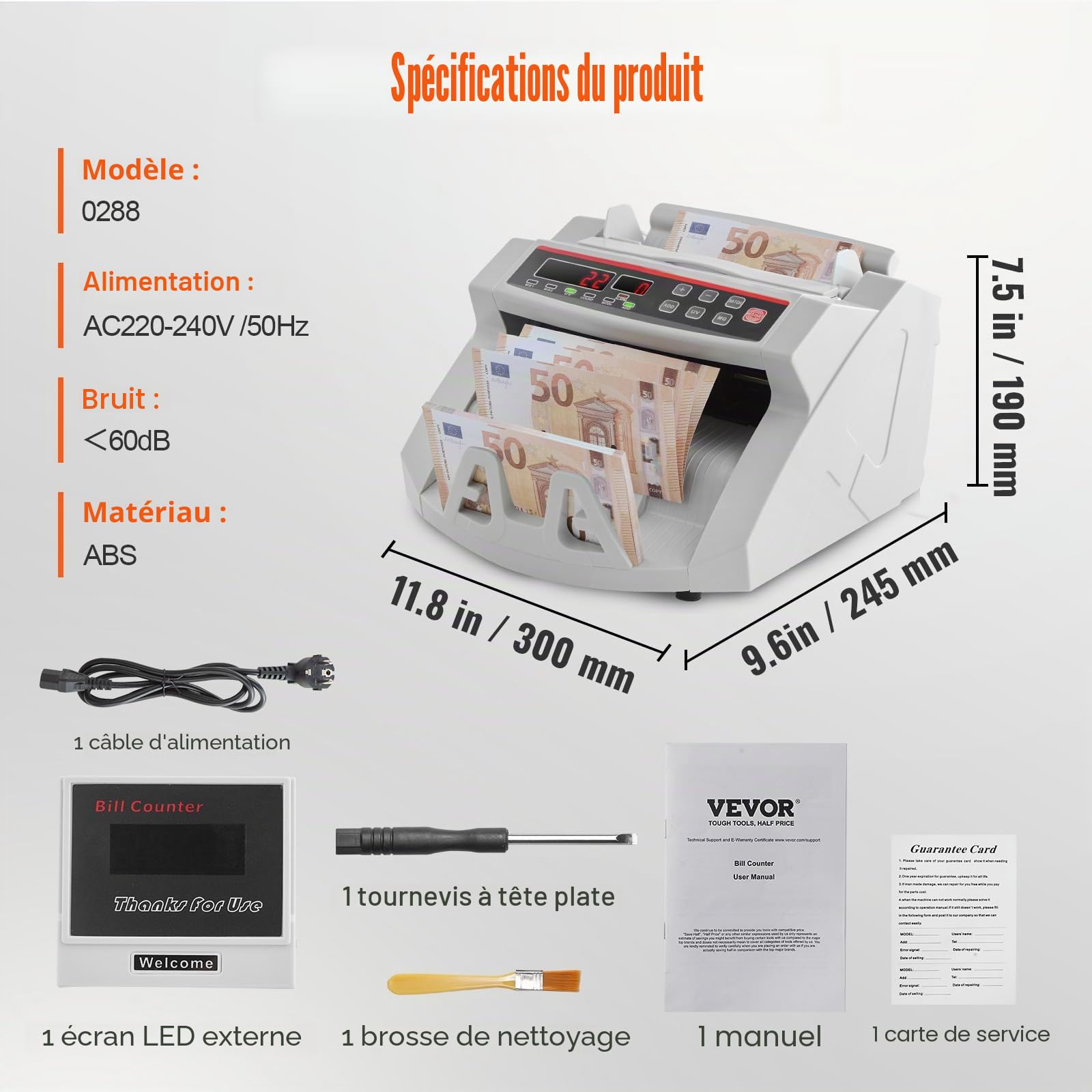 VEVOR Compteuse de Billets Professionnelle USD/EUR/GBP, Détecteur de Faux Billets par UV MG Contrefaçon, Vitesse >1000 PCs/min, Compteuse de Billets Trieuse Portable avec Affichage Banque Blanc