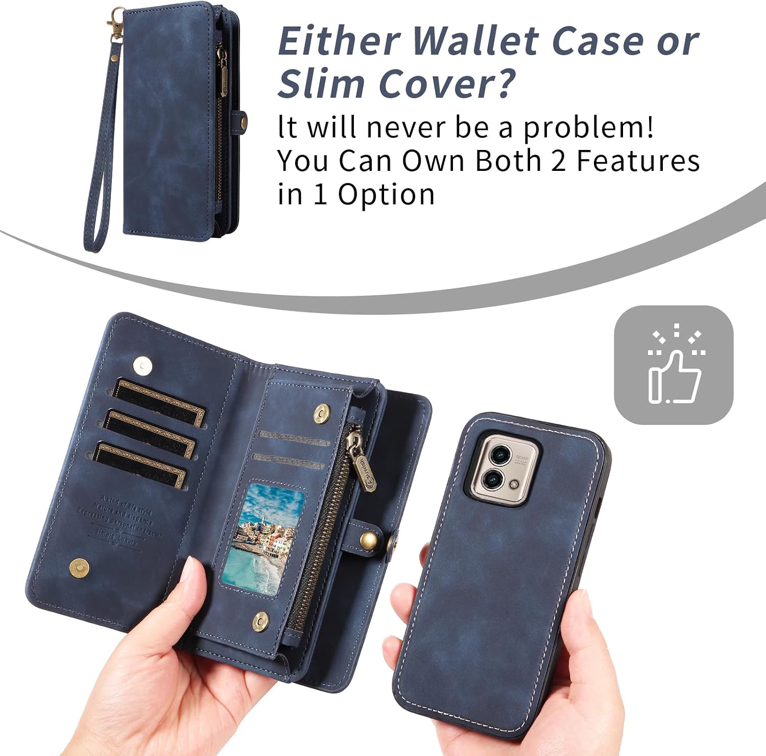 Asuwish Phone Case for Motorola Moto G Stylus 5G 2023 Zipper Wallet Detachable Cell Cover with Tempered Glass Screen Protector Crossbody Strap Flip Card Holder GStylus G5 XT2317DL XT2315-5 Women Blue