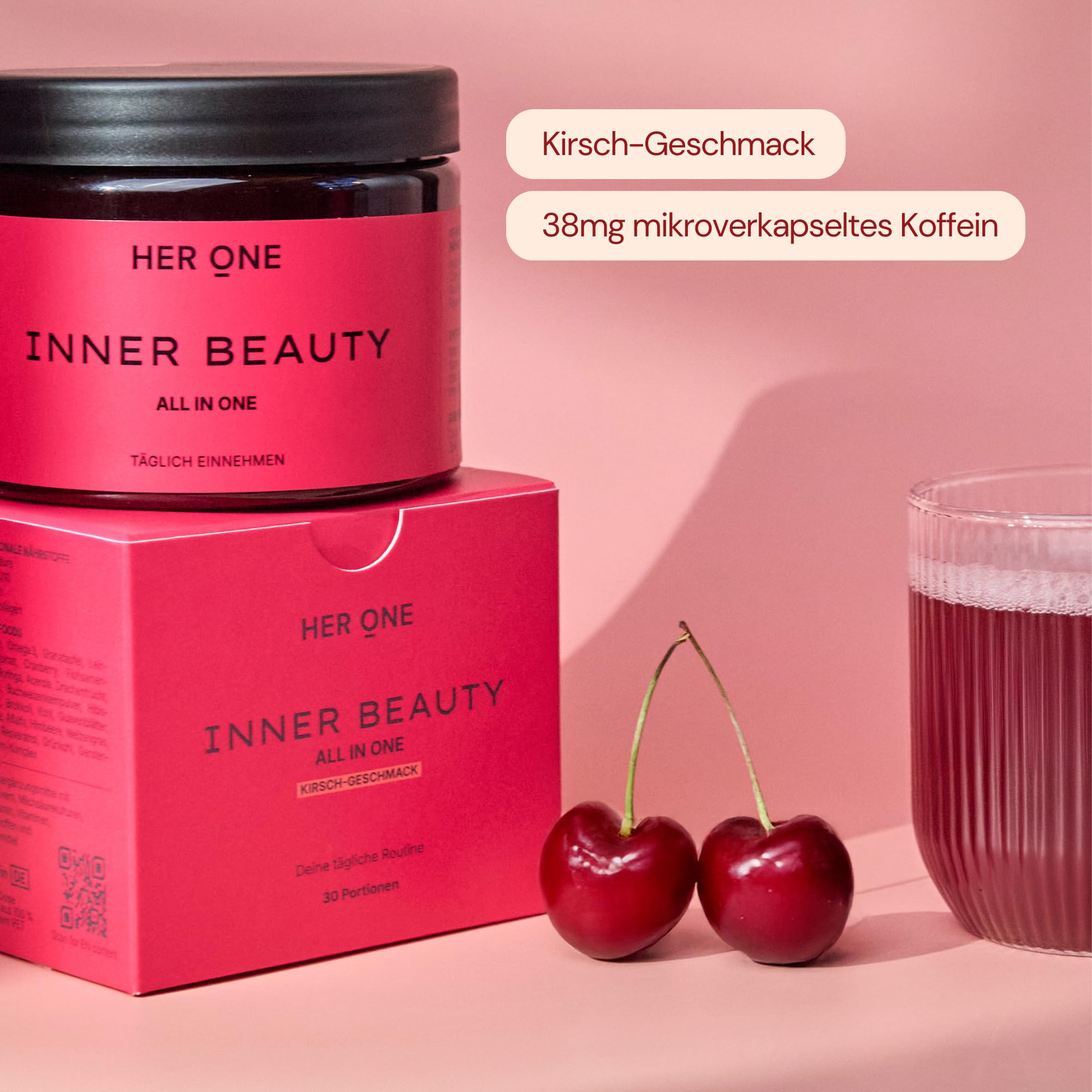 HER ONE INNER BEAUTY Nährstoffkomplex-Drink | Multivitamin Pulver & Darmbakterien | Multivitamine & Mineralstoffe für Frauen | Multivitaminpräparate & Mineralien | Beauty Drink | Kirsche