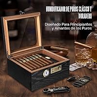 Vista 7 de Humidificador de Cigarros, Caja de Cigarros de Madera de Cedro, Humidificador de Escritorio con Superficie de Vidrio y Higrómetro Frontal