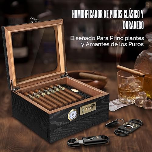 Miniatura 7 de Humidificador de Cigarros, Caja de Cigarros de Madera de Cedro, Humidificador de Escritorio con Superficie de Vidrio y Higrómetro Frontal