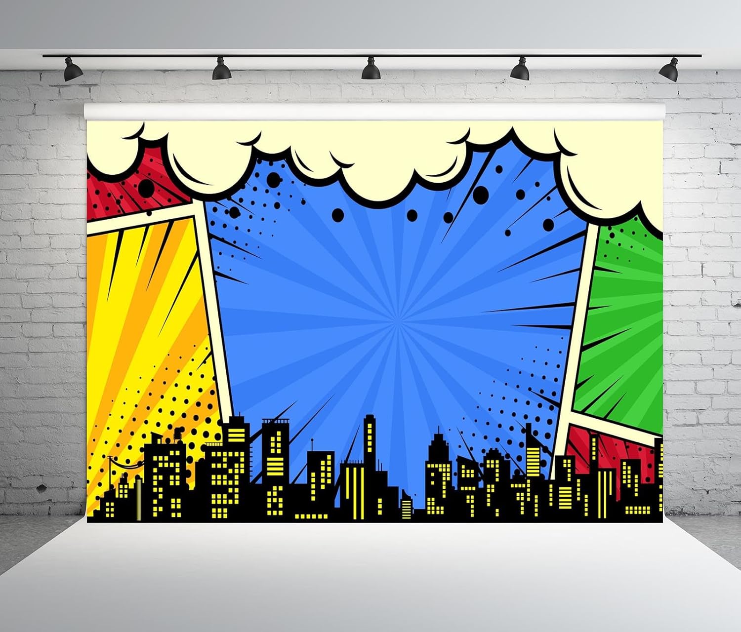 Condition photo showing New/Like New for beleco 5x3ft fabric super city backdrop for superhero photoshoot comic urban skyline city boom super city background for superhero party decorations baby shower birthday photoshoot studio props 5x3ft n5-a50274