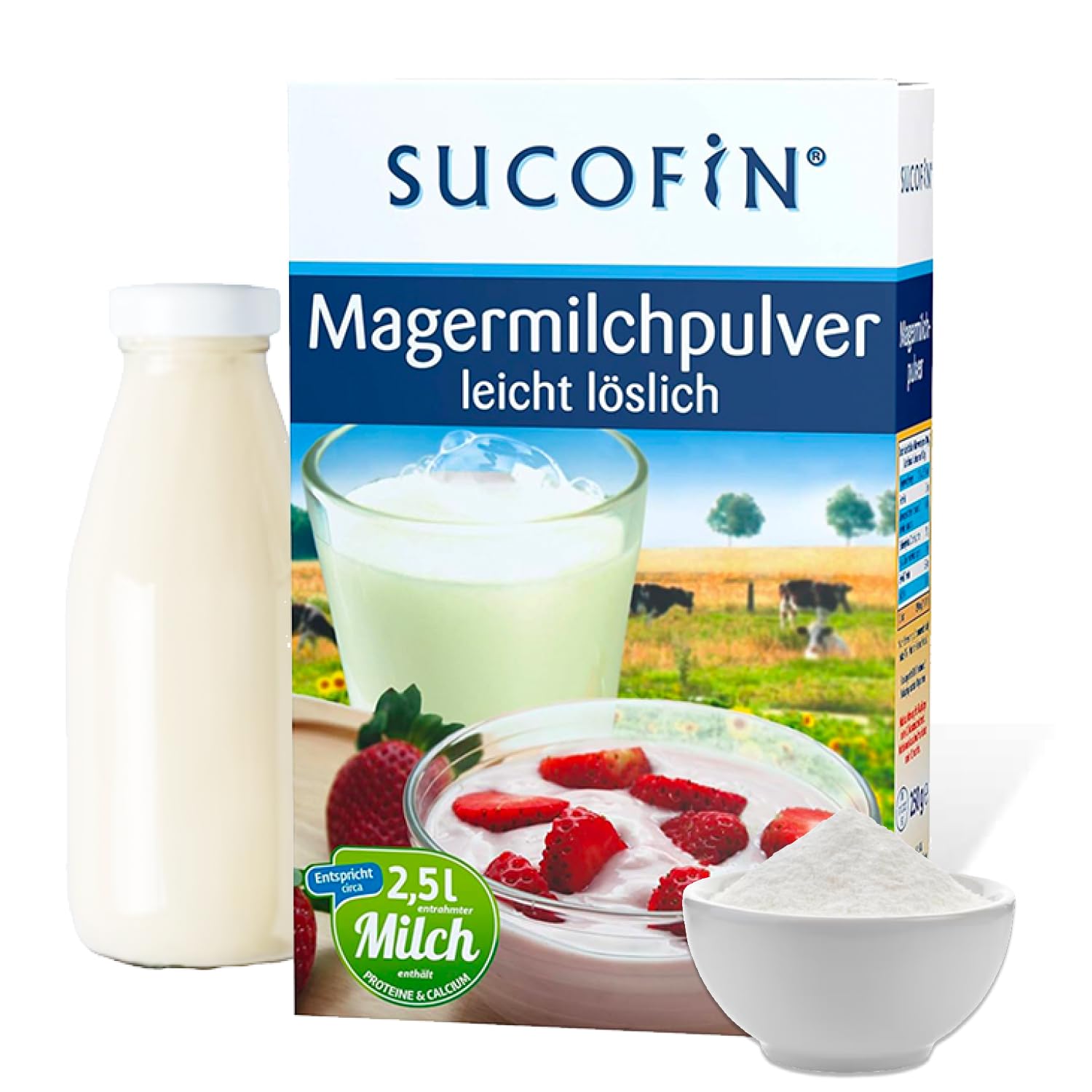 SUCOFIN Odtłuszczone mleko w proszku 27 x 250 g opakowanie ekonomiczne, łatwo rozpuszczalne, idealne jako białka do kawy i do gotowania, pieczenia, musli, deserów, idealne do restauracji, biura, domu,