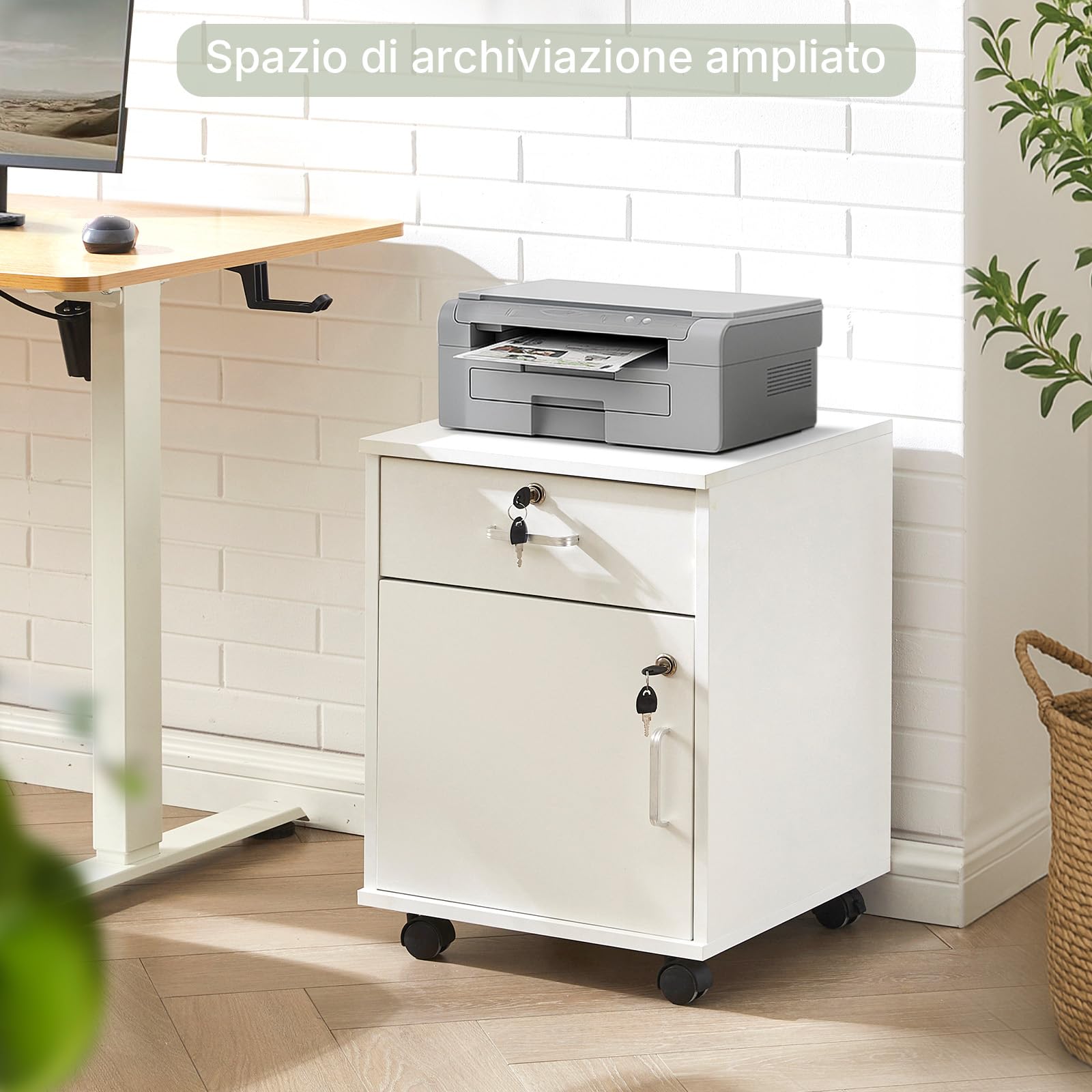LEMROE Armadietto mobile a 2 cassetti con serratura e ruote in legno stile industriale per casa ufficio (bianco, 1 cassetto + 1 armadio)