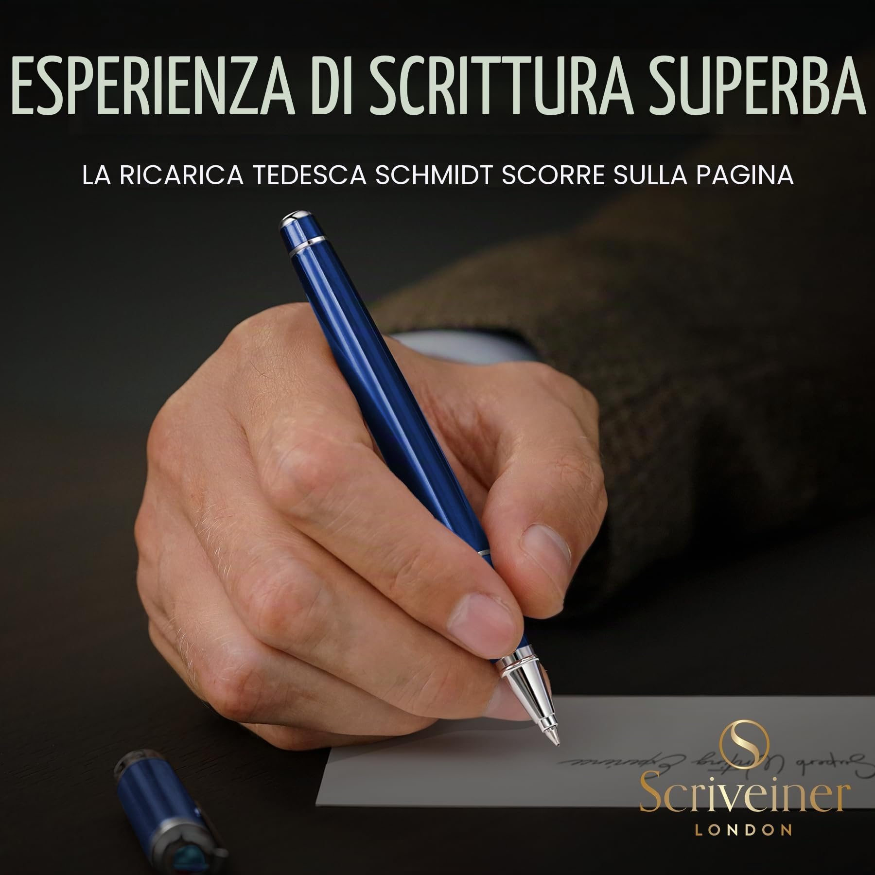 Scriveiner Midnight Blue Rollerball Pen, Laccata Blu Notte, Decori Cromati, Refill