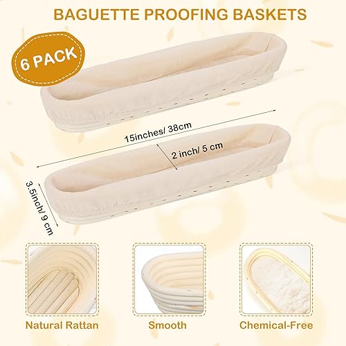 Miniatura 3 de Vesici Cesta de 15 pulgadas para baguette Banneton, paquete de 6 con forro de lino, cestas para hornear pan, cestas de ratán a prueba de masa para