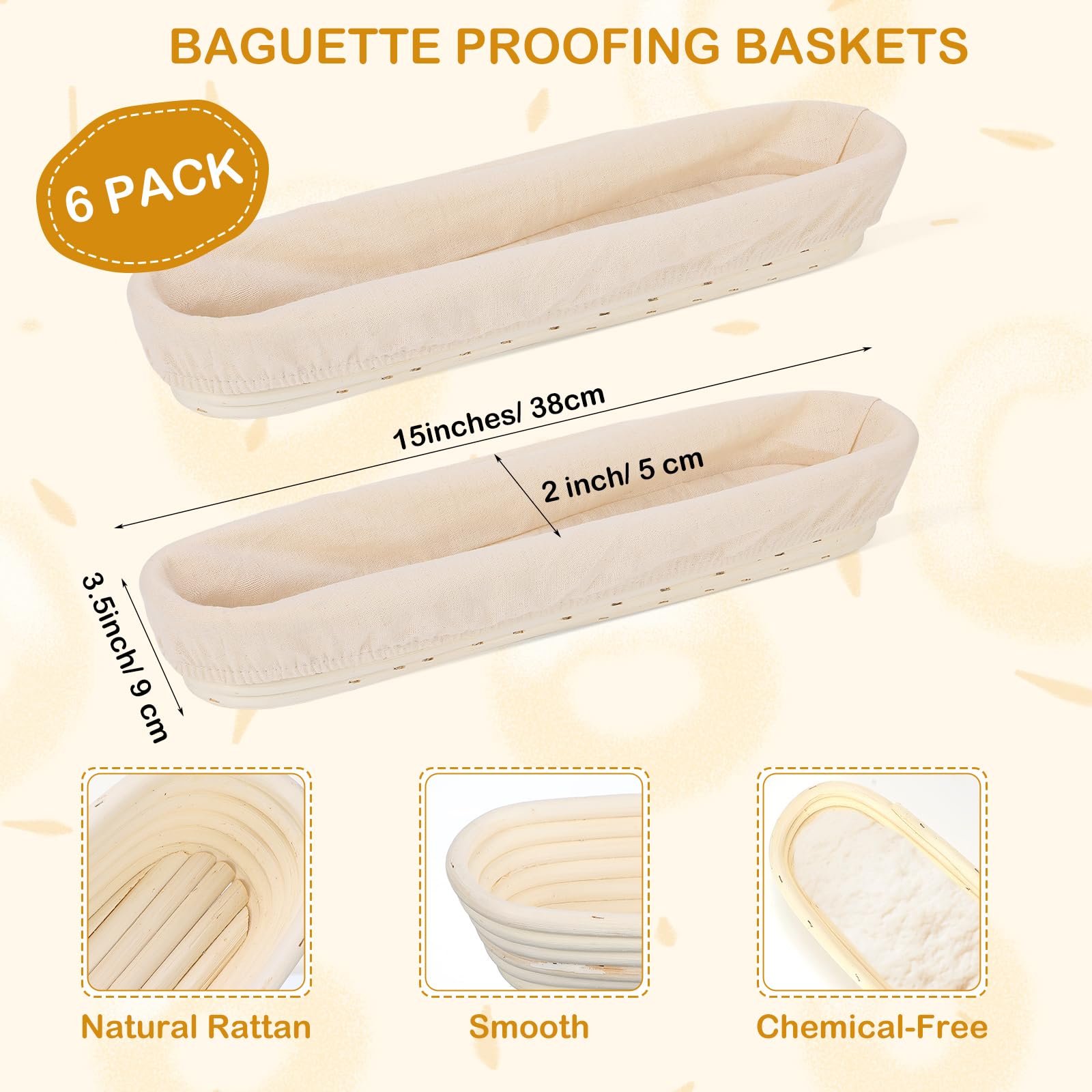 Vesici Baguette-Brot-Gärkörbe mit Stoffeinsatz, 38,1 cm lang, Baguette-Banneton-Backschalen, Rattan, Sauerteig-Gärkörbe für Zuhause, Sauerteig, Backzubehör, Backgeschenke, 6 Sets