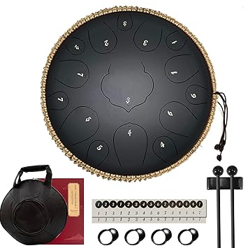 Steel Tongue Drum, 15 Notes 13 Inches Percussion Instrument C-Key Handpan Drum (Black)