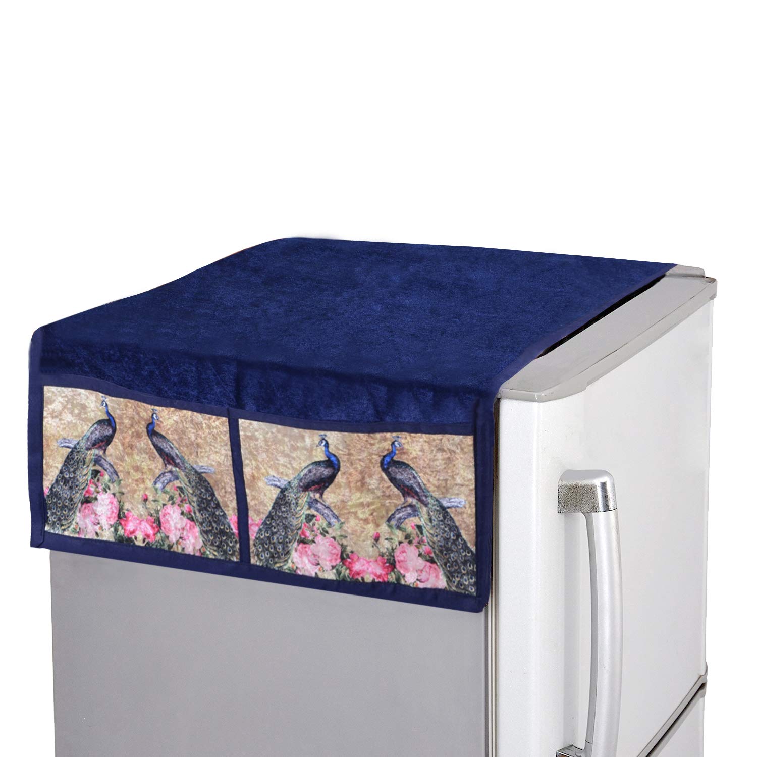 Kuber Industries Peacock Design Velvet Fridge/Refrigerator Top Cover (Blue & Gold)-CTKTC32714