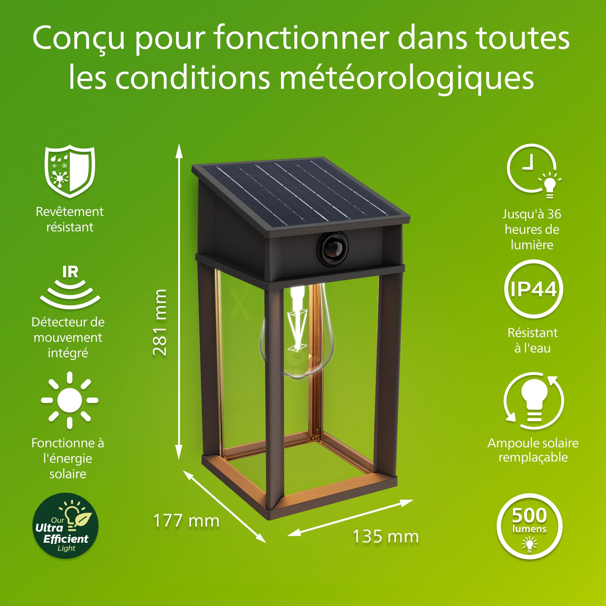 Philips Geri Applique solaire murale UltraEfficient extérieur, Ampoule solaire remplaçable, Détecteur de mouvement, 2700K, Noir