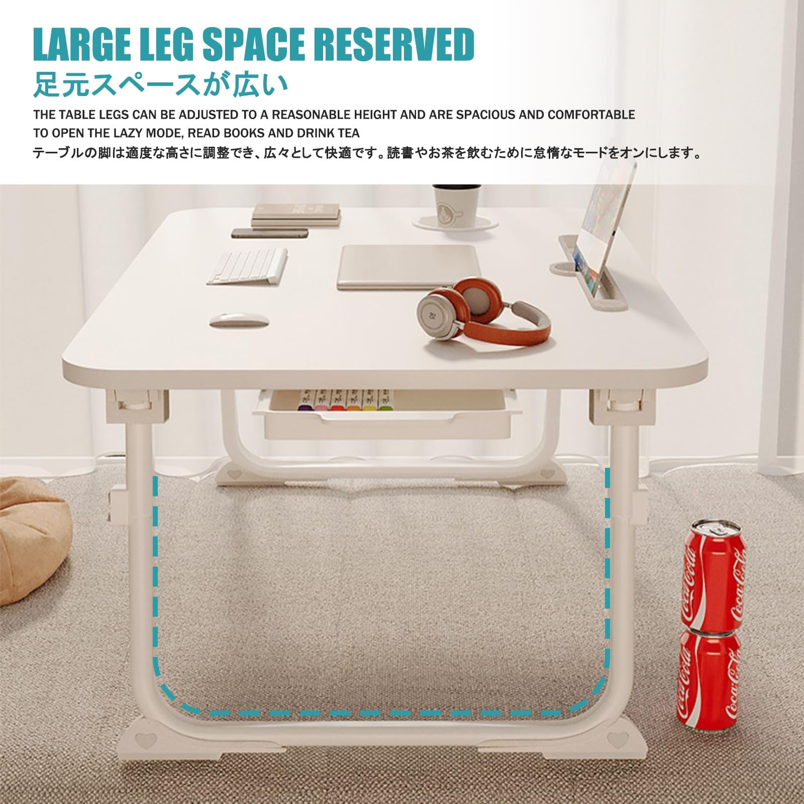 Tavolino basso da letto, scrivania per laptop, supporto per laptop da grembo, pieghevole per laptop, portabicchieri, scrivania pieghevole da grembo, mini tavolo portatile con cassetti e ripiano di le