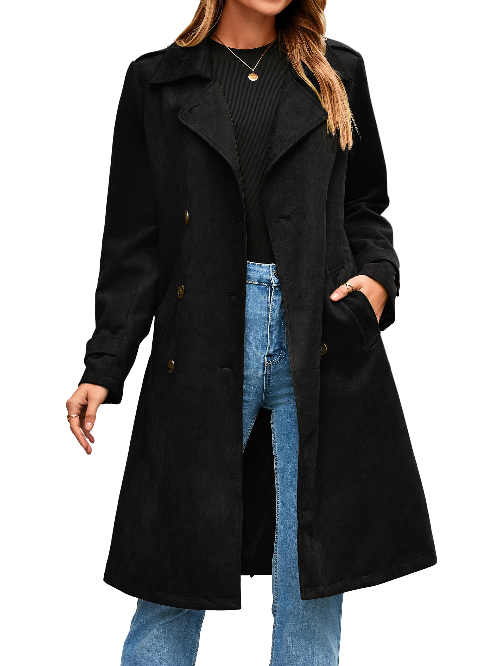 Simplee Womens Long Trench Coat Fall Winter Double Breasted Classic Lapel Slim Work Office Suede Overcoat with Belt