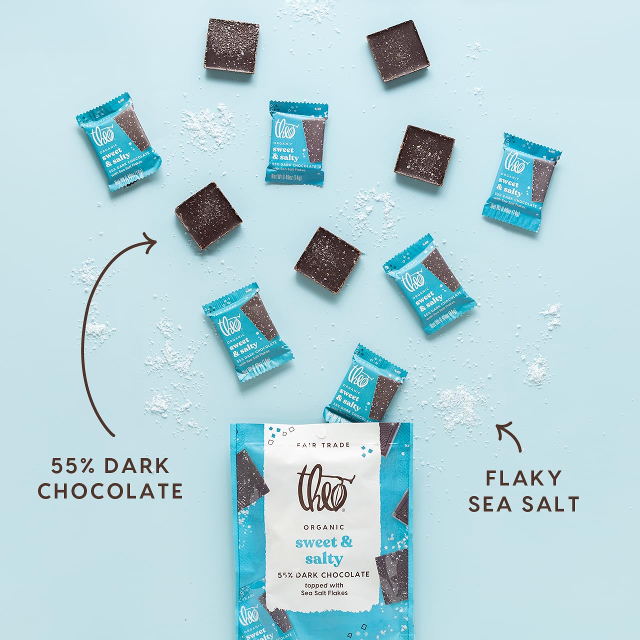 Theo Organic 55% Dark Chocolate Singles, Sweet & Salty Chocolate, 6 Pouches (7 Individually Wrapped Singles per Pouch), 42 Pieces, Vegan, Fair Trade