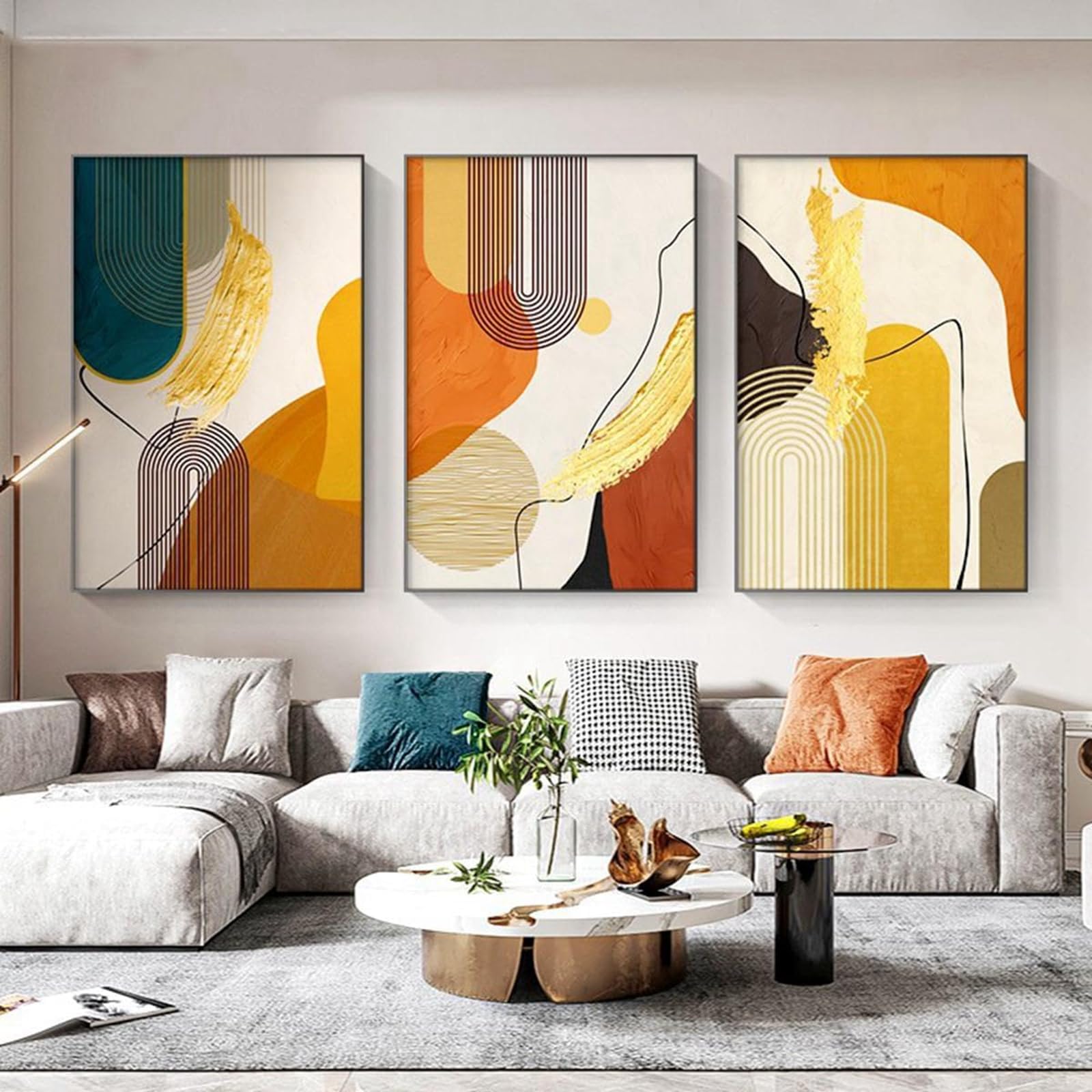 Tableaux Decoratifs Muraux Abstraites Ligne Géométrique Orange Jaune Impression sur Toile Affiche Tableau Decoration Murale Salon,pour Salon et Chambre à Coucher Deco Maison (Sans Cadre,3X60X90CM)