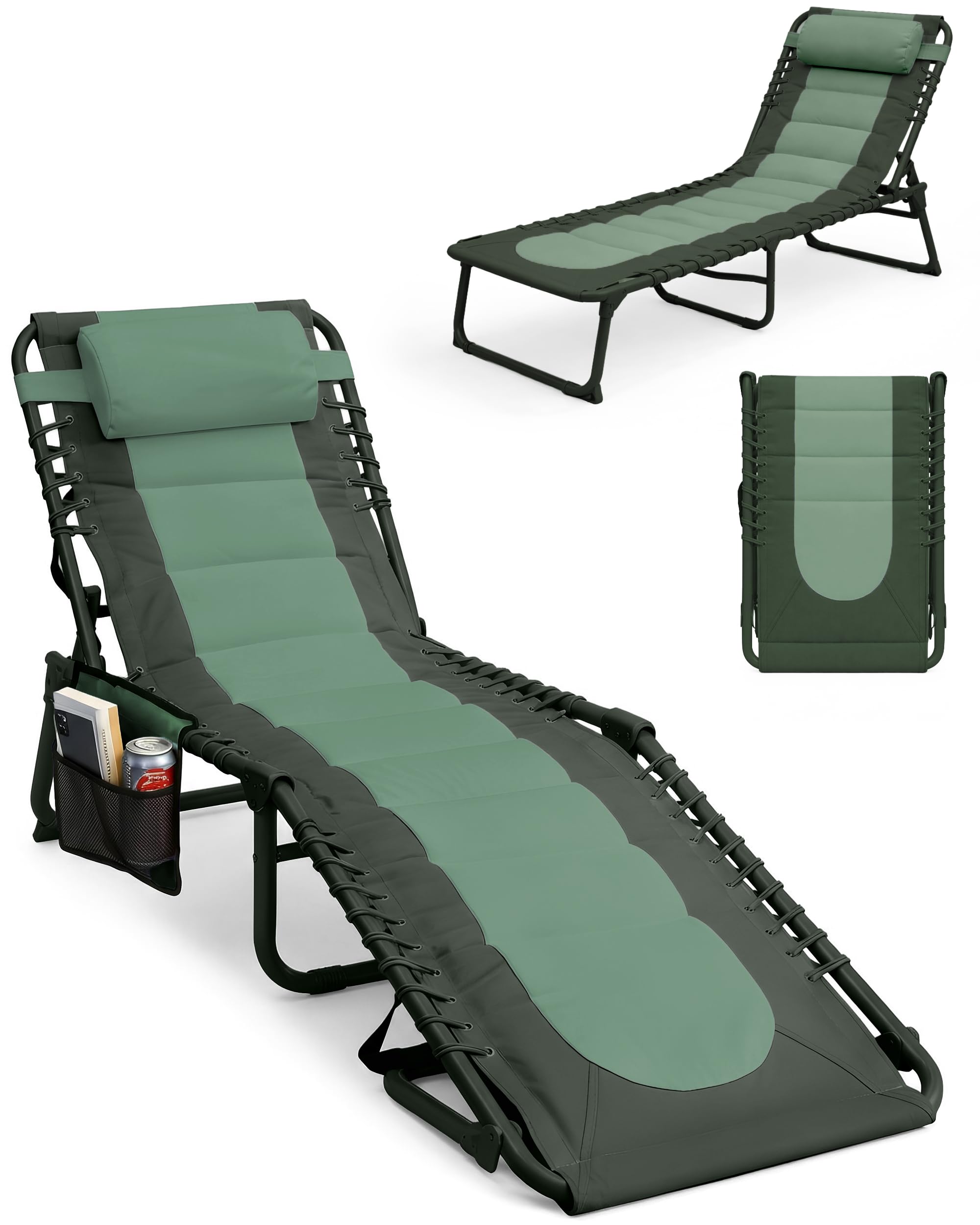 KEPLIN Foldable Sun Lounger Chair - Padded Two Tone Outdoor Garden Recliner, 4 Position Adjustable Backrest, 600D Oxford Fabric, Portable Patio Camping Deck Chair - 110kg Capacity