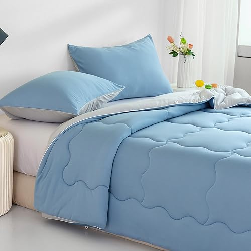 Miniatura 9 de COTTEBED Juego de edredón reversible azul y gris claro, tamaño Queen, camiseta de punto de jersey ultra suave, ligera, transpirable, acogedora manta