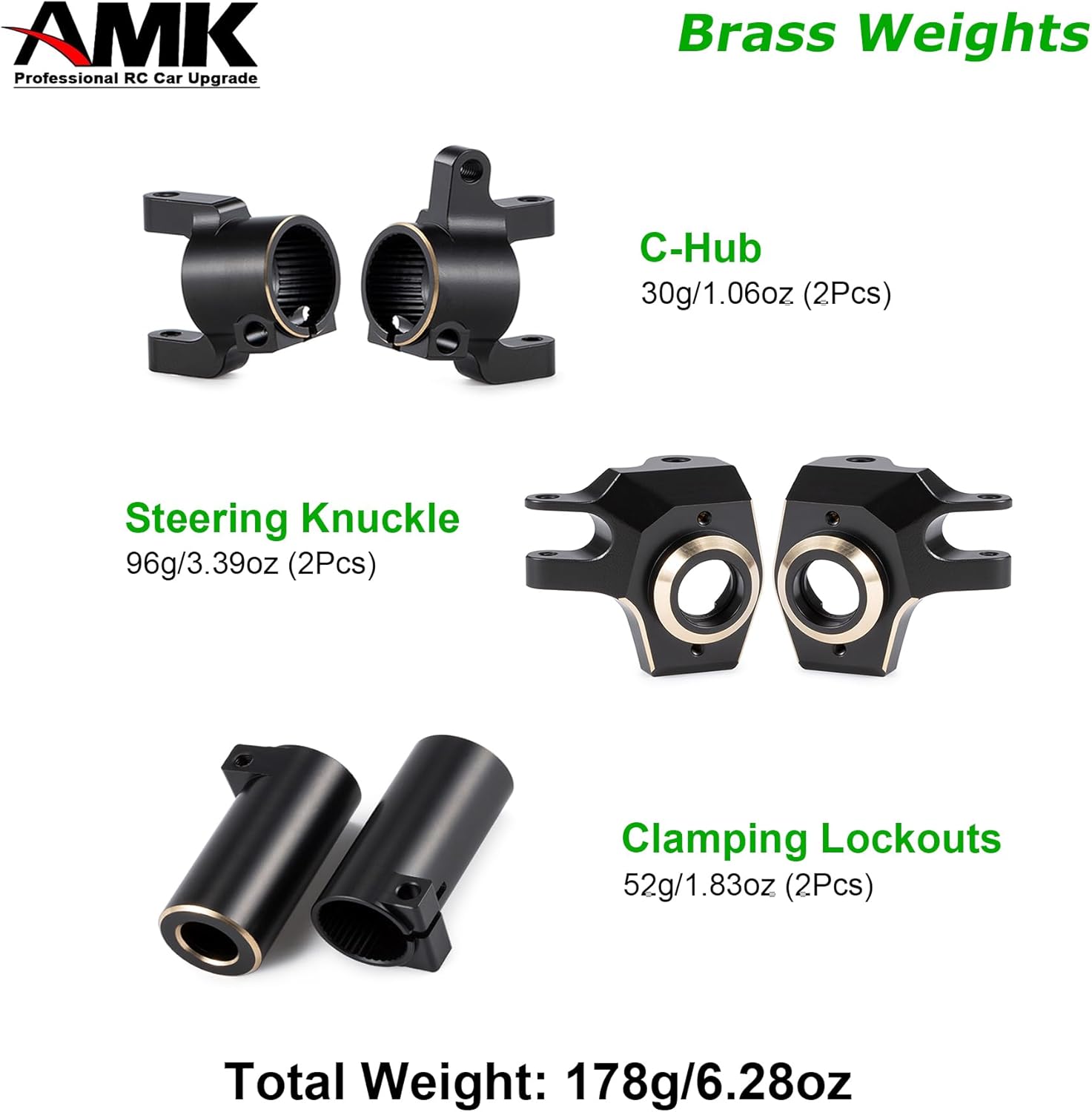 AMK 178g SCX10 II Brass Upgrades Kit C Hub Caster Blocks Steering Knuckles Clamping Lockouts for Front Axle for 1/10 RC Crawler Axial SCX10 AR44 Front Axle Counter Weights