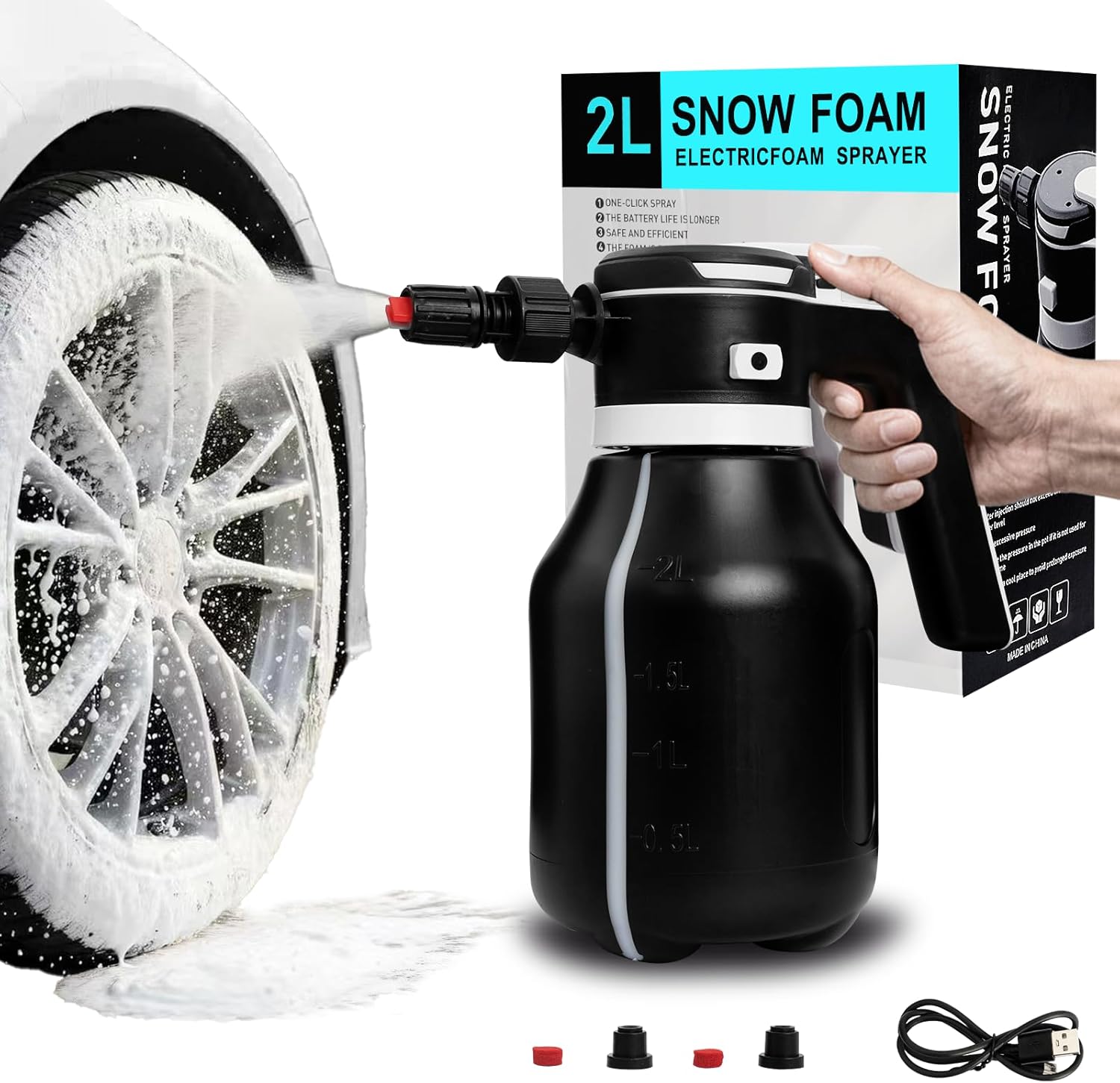 Electric Foam Sprayer for Thick Rich Foam, 2L Cordless Portable - Professional Pressurized Foam Cannon for Car Wash & Detailing, Rechargeable with Long Lasting Battery Black