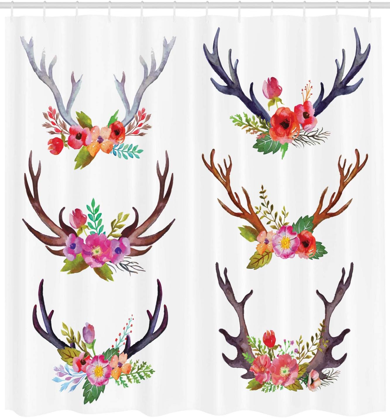 Ambesonne Antlers Shower Curtain, Deer Horns Bouquet Flowers Bloom Fun Springtime Garden Branches Work of Art Print, Cloth Fabric Bathroom Decor Set with Hooks, 69" W x 84" L, White Plum Jade Green