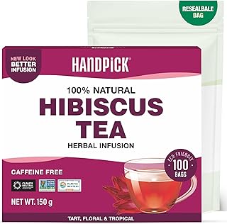 HANDPICK, Hibiscus Tea Bags - 100 Count | 100% Pure Ingredients- Hibiscus Flowers | Brew Hot, Iced Tea or Kombucha Tea | Round Herbal Tea Bags