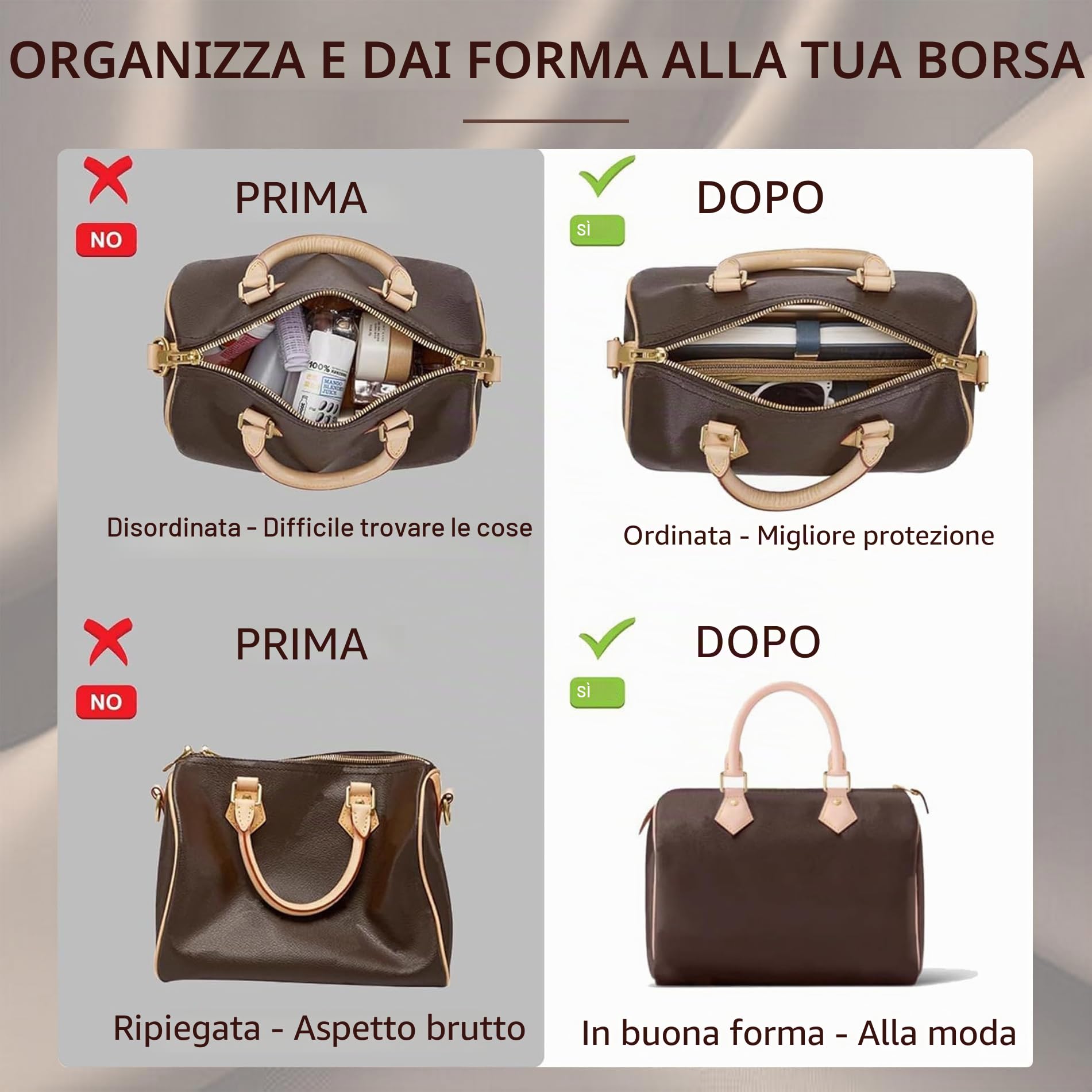 Doxo Set di 2 organizer per borsa e base in feltro per LV Speedy 25 e Neverfull PM (M-marrone)