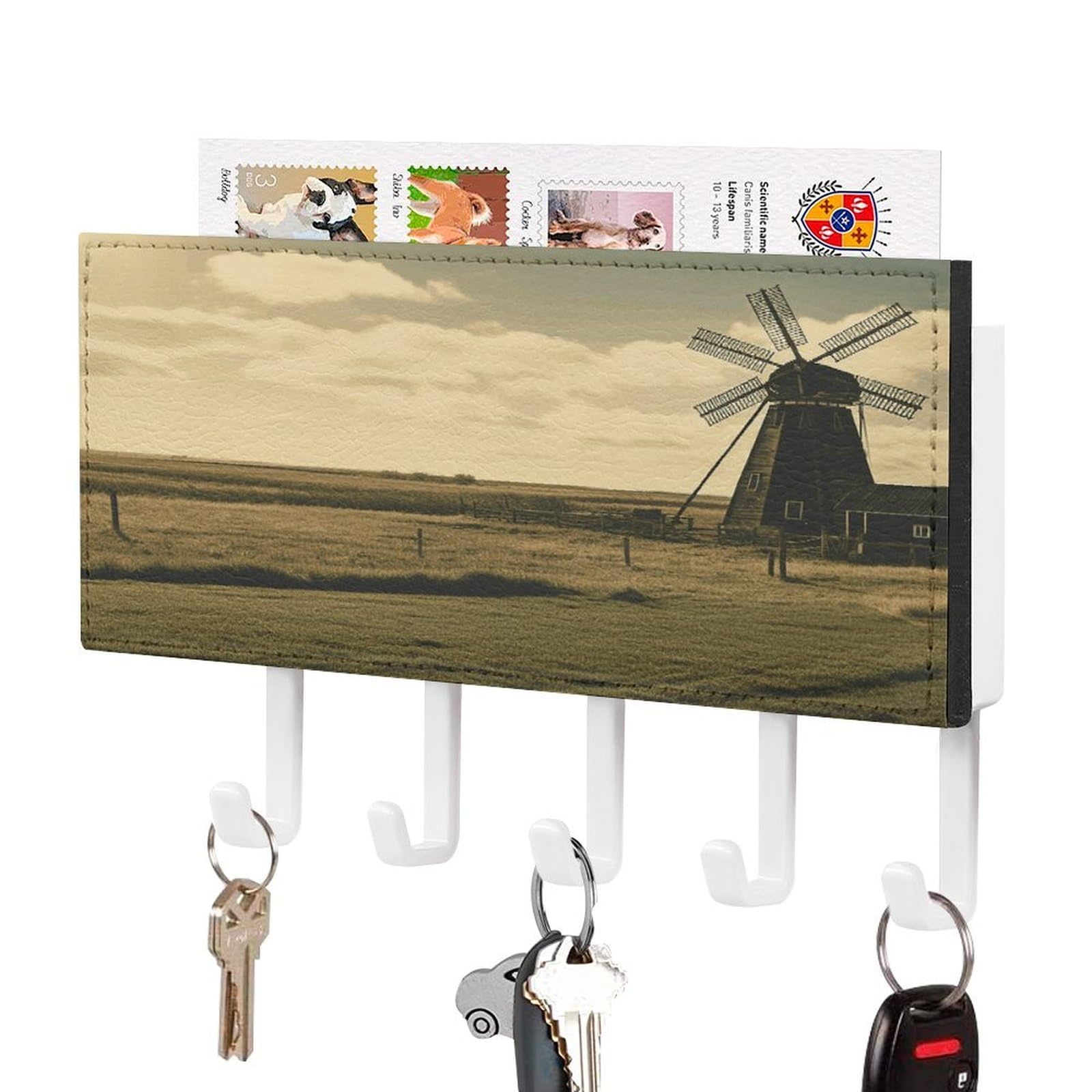 Vintage Black Windmill on The Prairie Key Holder Wall Mount Key Hanger with 5 Hooks Decorative Key Rack Hanging Key Hooks with Mail Organizer Key Holder for Wall Living Room Kitchen Bathroom Hallway W
