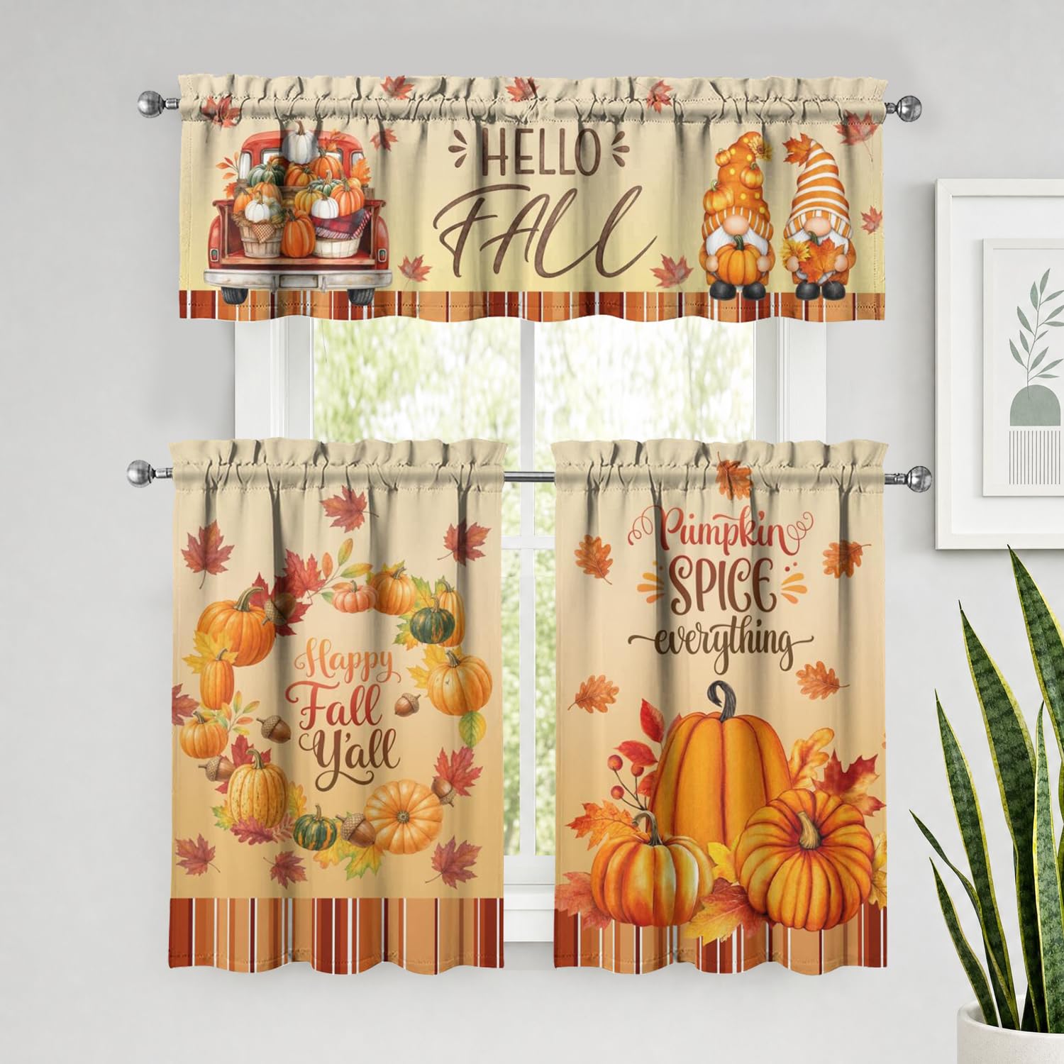 Fall Pumpkin Kitchen Curtains 3 Piece Set Tier Valance