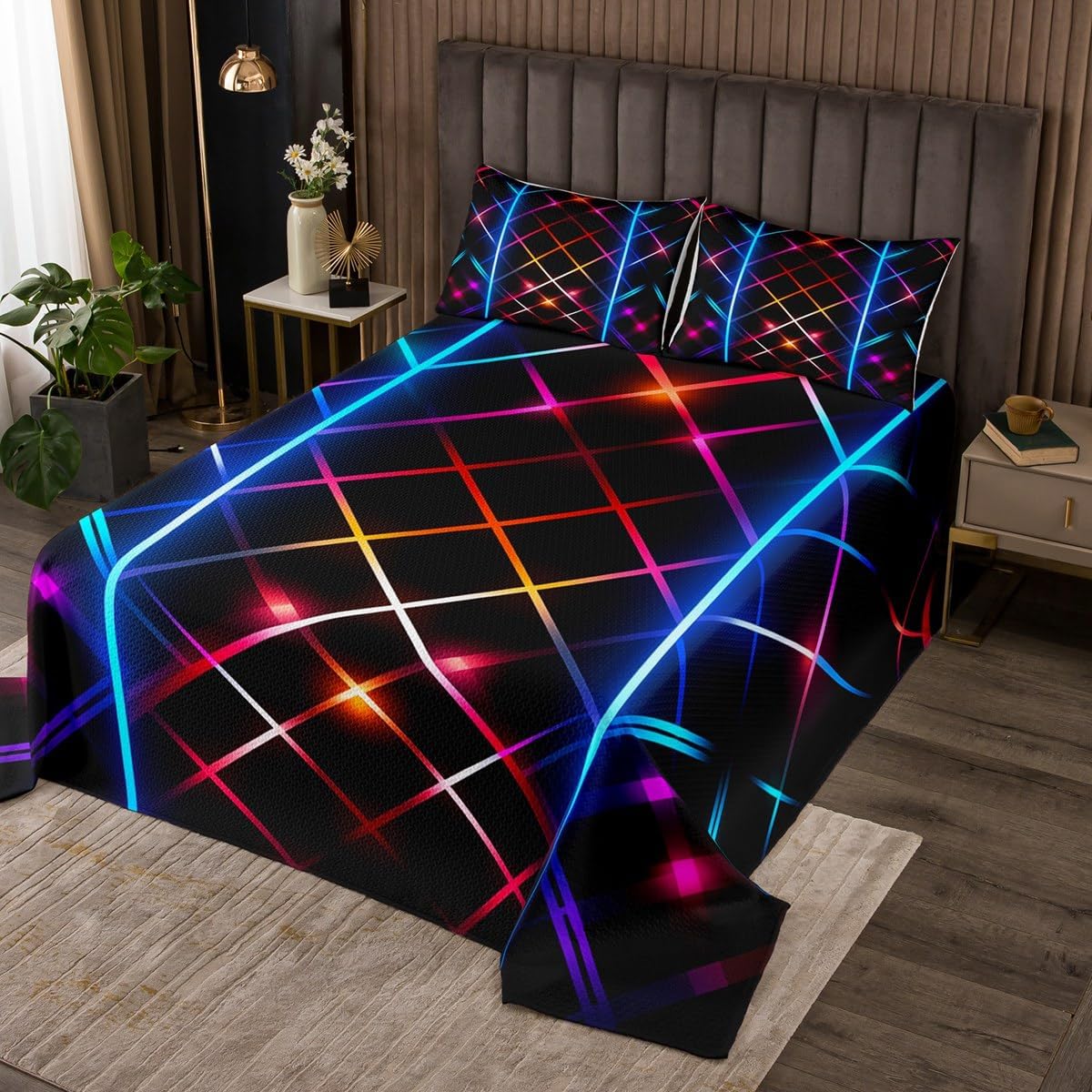 Geometric Squares Kids Bedspread Queen Size,Abstract Ombre Checker Grids Geometric Coverlet Set,Boys Girls Room Decor,Glitter Neon Lines Quilted Coverlet,Modern Fashion Bedding Quilt,2 Pillowcases