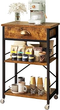 IBUYKE Kitchen Bakers Rack with Drawers,3-Tier Microwave Oven Stand with Storage, Coffee Bar Table with Wheels,Adjustable Shelf,Simple Assembly,Rustic Brown TMJ030H
