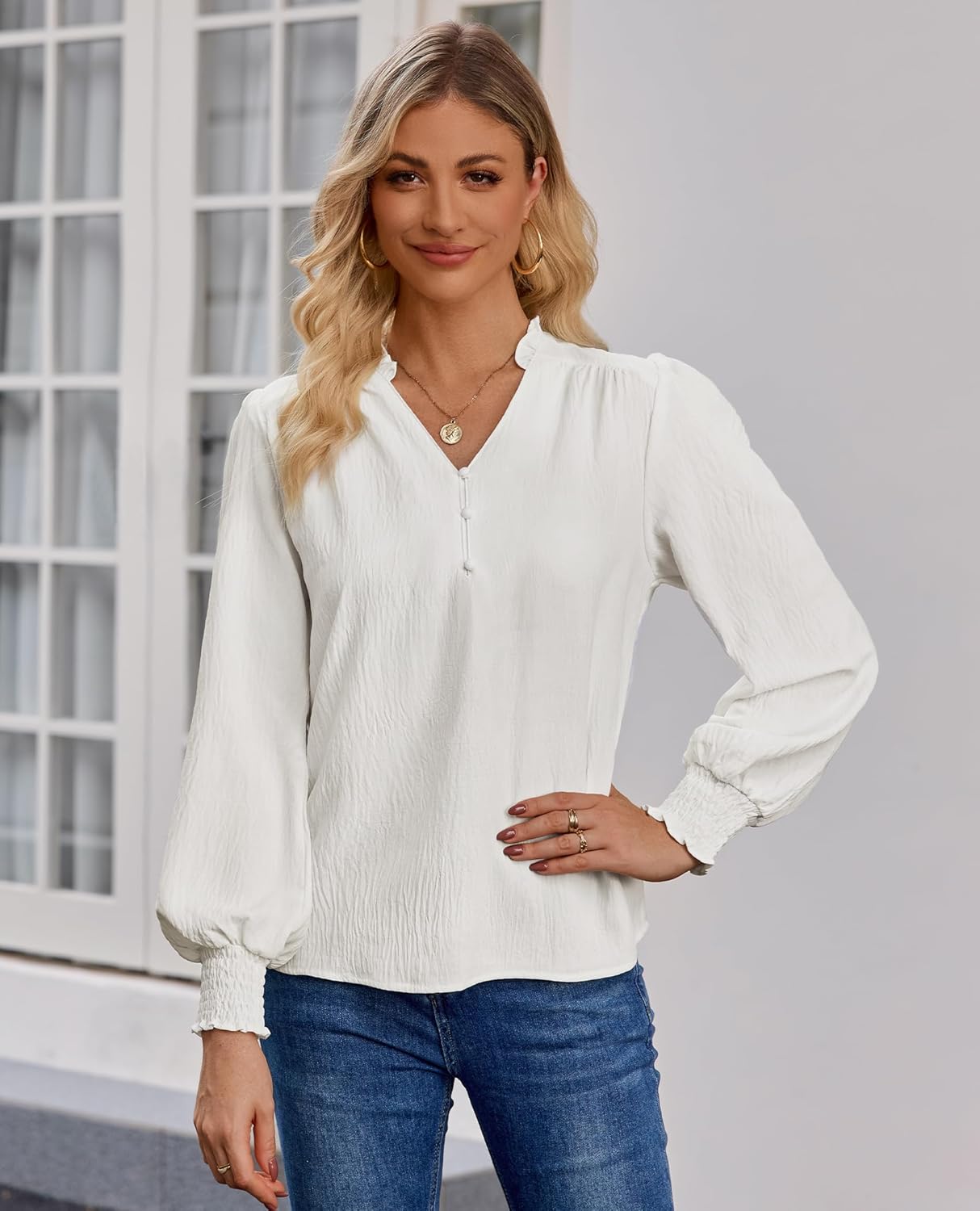 Blouses for Women Dressy Casual Long Sleeve Shirts V Neck Tunic Fall Trendy with Smocked Cuffs Business 2026 Outfits - Image 5