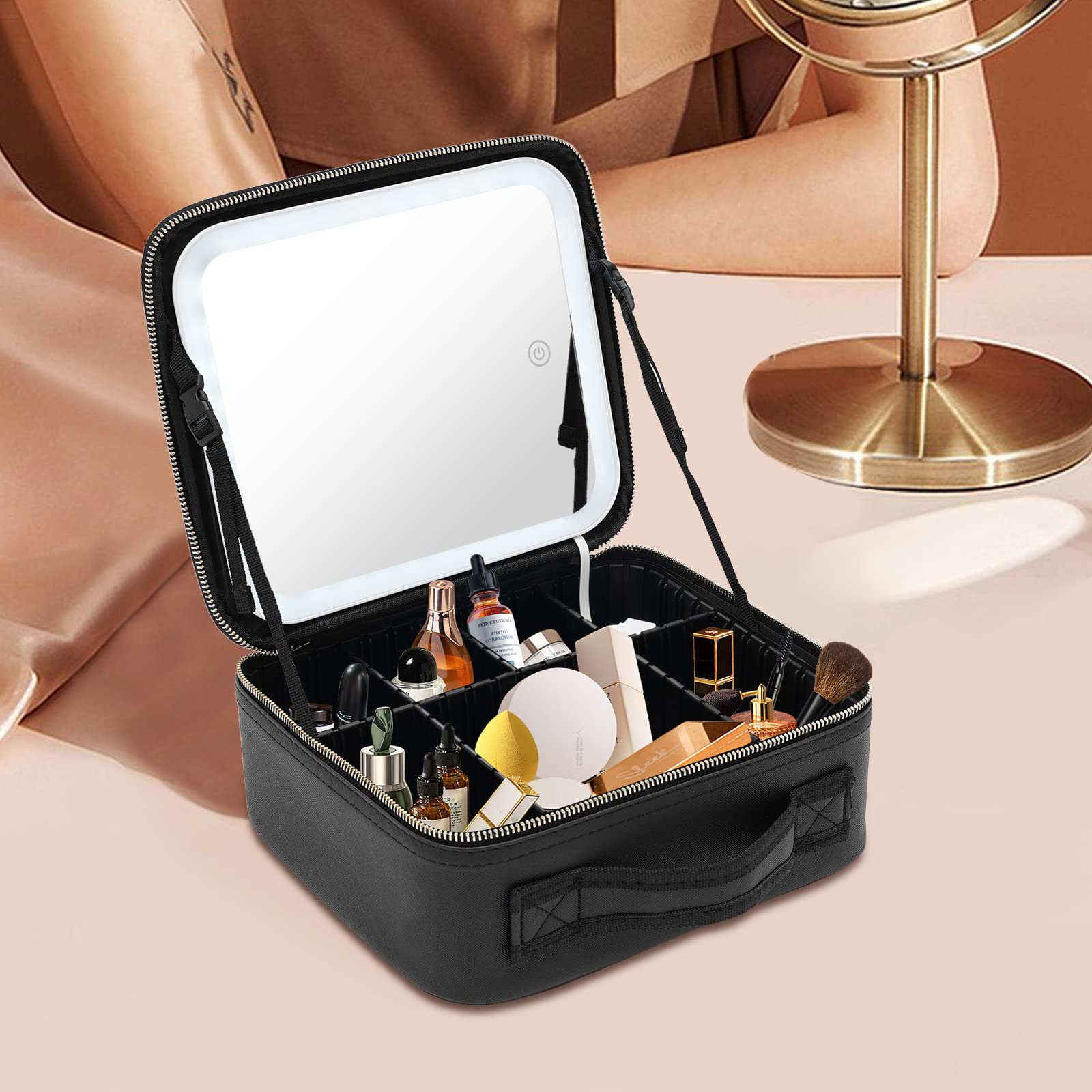 Kosmetische Tasche mit großem beleuchteten Spiegel Trennbare Make-up-Tasche Professionelle Make-up-Tasche mit Make-up-Spiegel Toilettentasche Organiser mit kosmetischem Spiegel für unterwegs