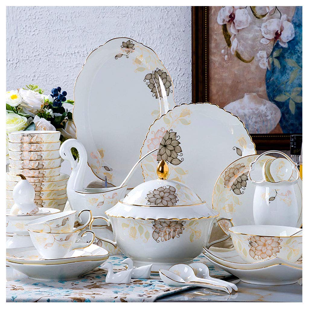 IGOSAIT Bowl AMINSHAP Dinner Combi-Set, 60-Piece Phnom Pteris Flower Prints Dishes Dish Suits with Cup, Bowl, Dessert Plate, Dinner Plate,Eco Friendly, Toxic Free And Dishwasher Safe,Service Compatibl