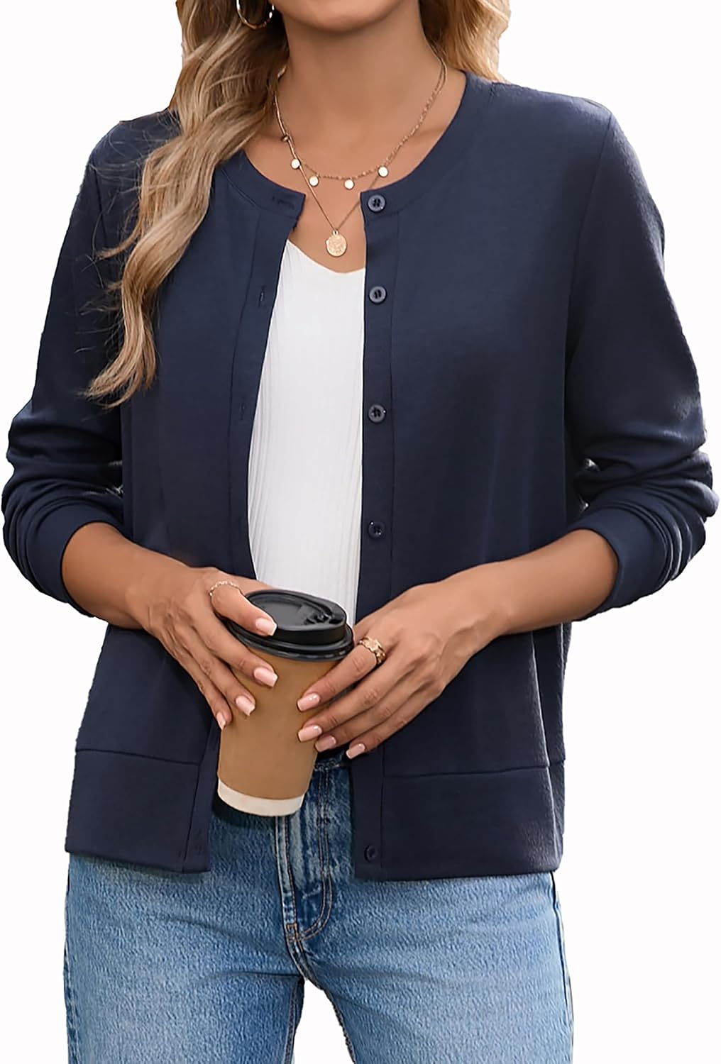Hount Womens Long Sleeve Crewneck Button Down Cardigans Soft Knit Basic Open Front Lightweight Cardigan Sweaters