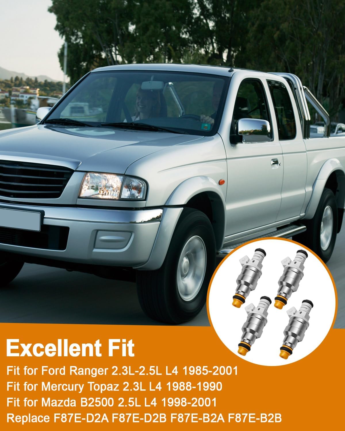 4 Pcs Fuel Injector Replace F87E-D2A F87E-D2B F87E-B2A F87E-B2B Compatible with Ford Ranger 2.3L-2.5L L4 1985-2001 Mercury Topaz 2.3L L4 1988-1990 Mazda B2500 2.5L L4 1998-2001