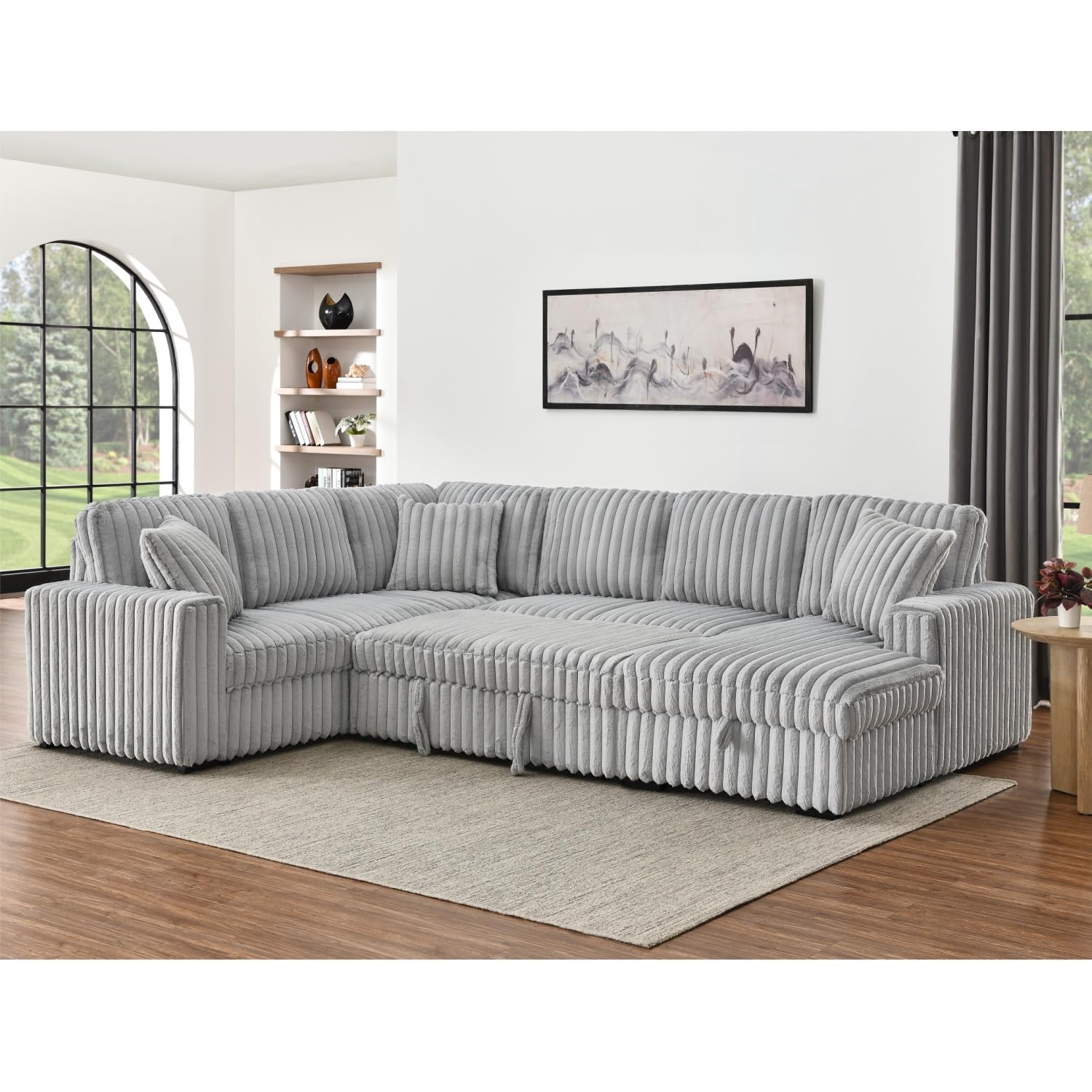 THSUPER 122-Inch Oversized U Shaped Plush Corduroy Fluffy Sectional Sleeper Sofa with Pull Out Bed, Storage Chaise Lounge and USB Charging Port - Gray