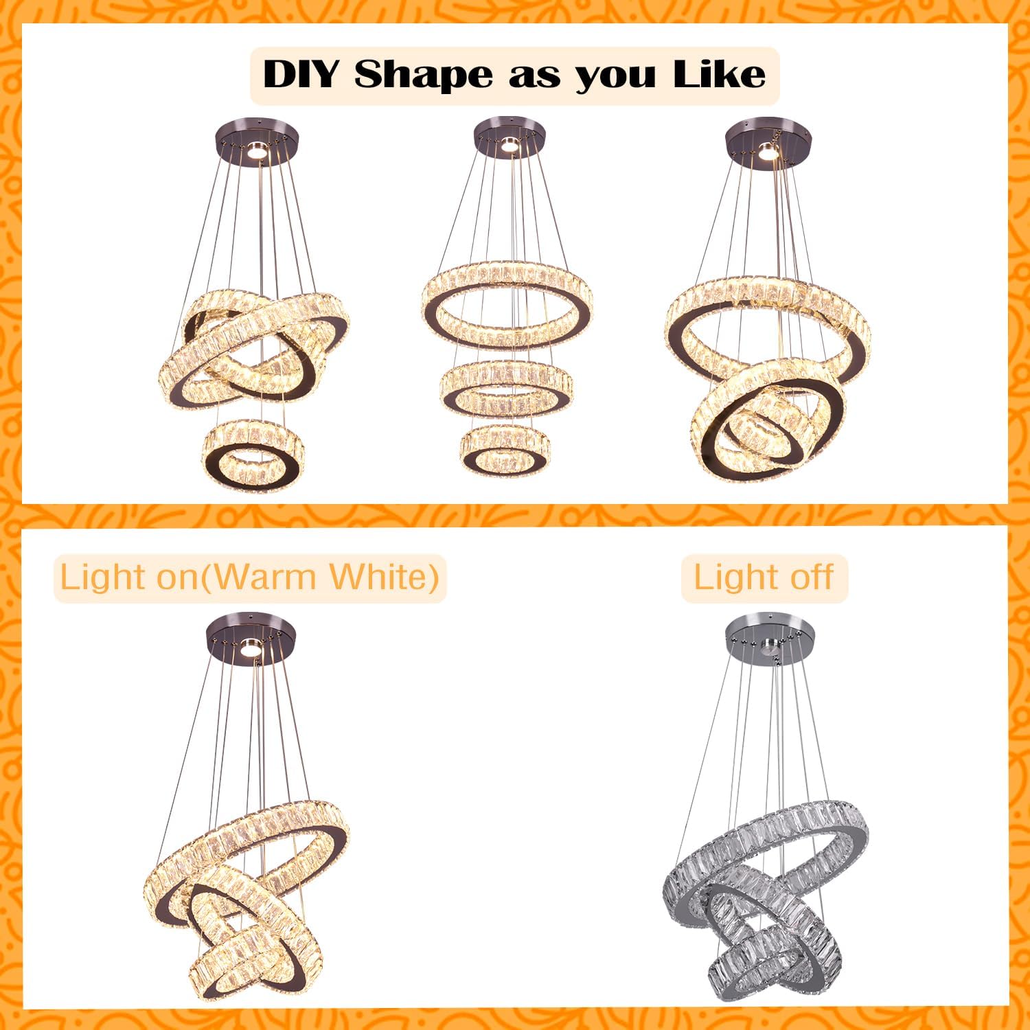 Finktonglan LED Chandeliers Modern 3 Rings Crystal Chandelier Ceiling Light Fixture Height Adjustable and Stainless Steel Pendant Lighting Fixtures for Dining Room Living Room Kitchen(Warm White)