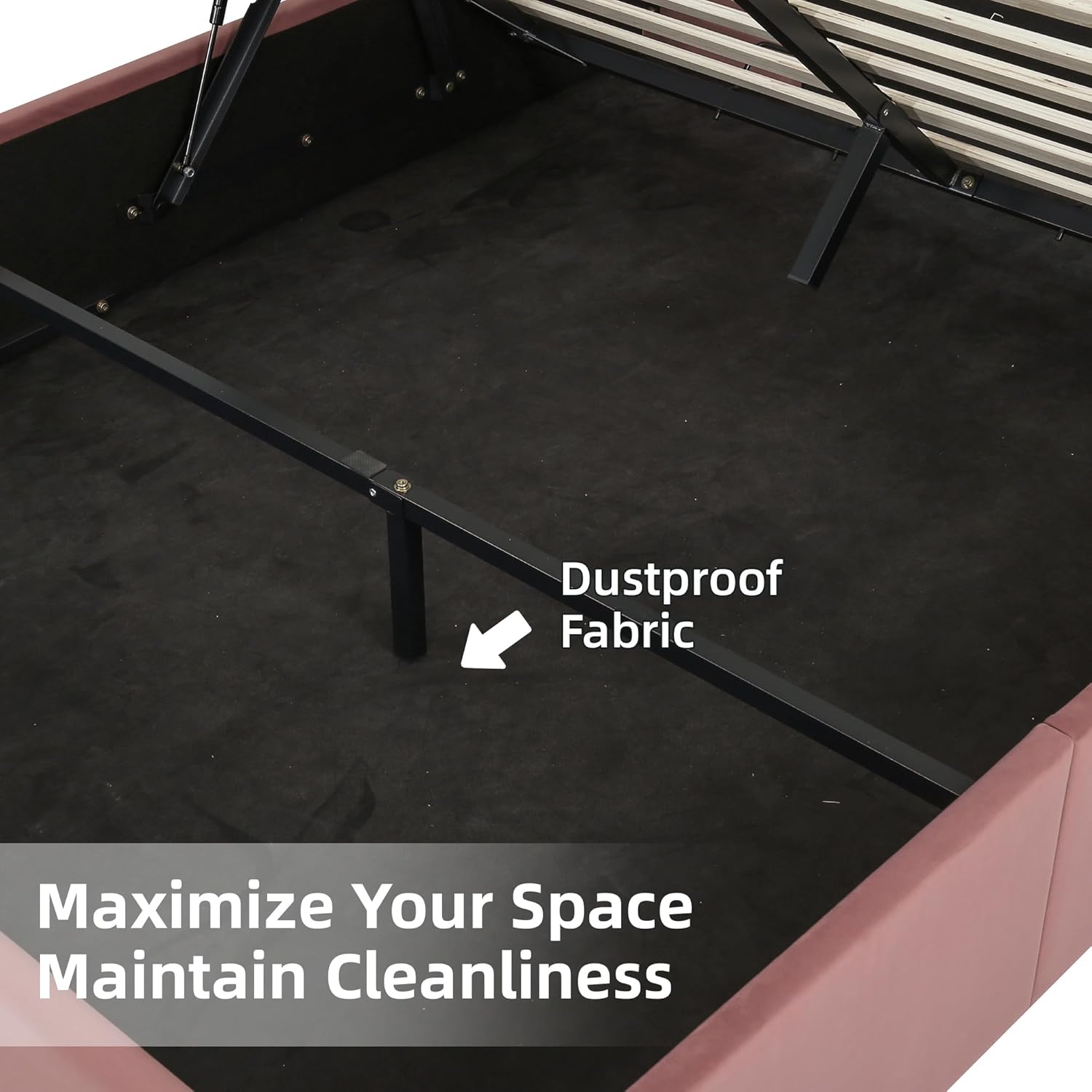 Full Size Lift Up Storage Bed Frame with Modern Headboard for Girls, Velvet Fabric Upholstered Platform Bed with Hydraulic, Wooden Slat Support, No Box Spring Needed, Easy Assembly, Pink