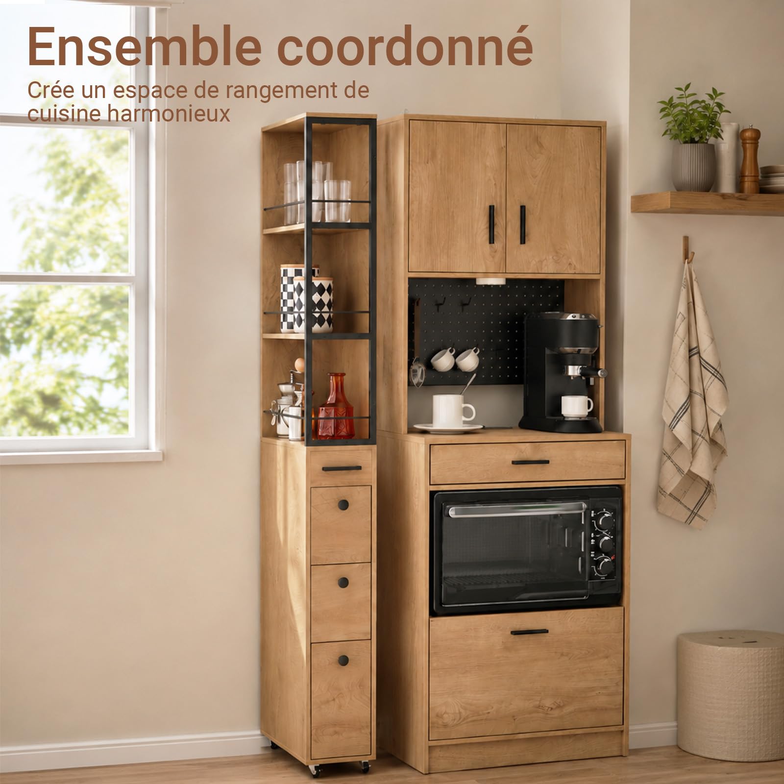 SoBuy Chariot de Rangement à 4 roulettes, 20cm, 40x20x170cm, Petite Cuisine | Desserte Cuisine et Salle de Bain Multi-Usage, 3 tiroirs, 3 tablettes et barres antichute, PB+MDF, NSR13-N