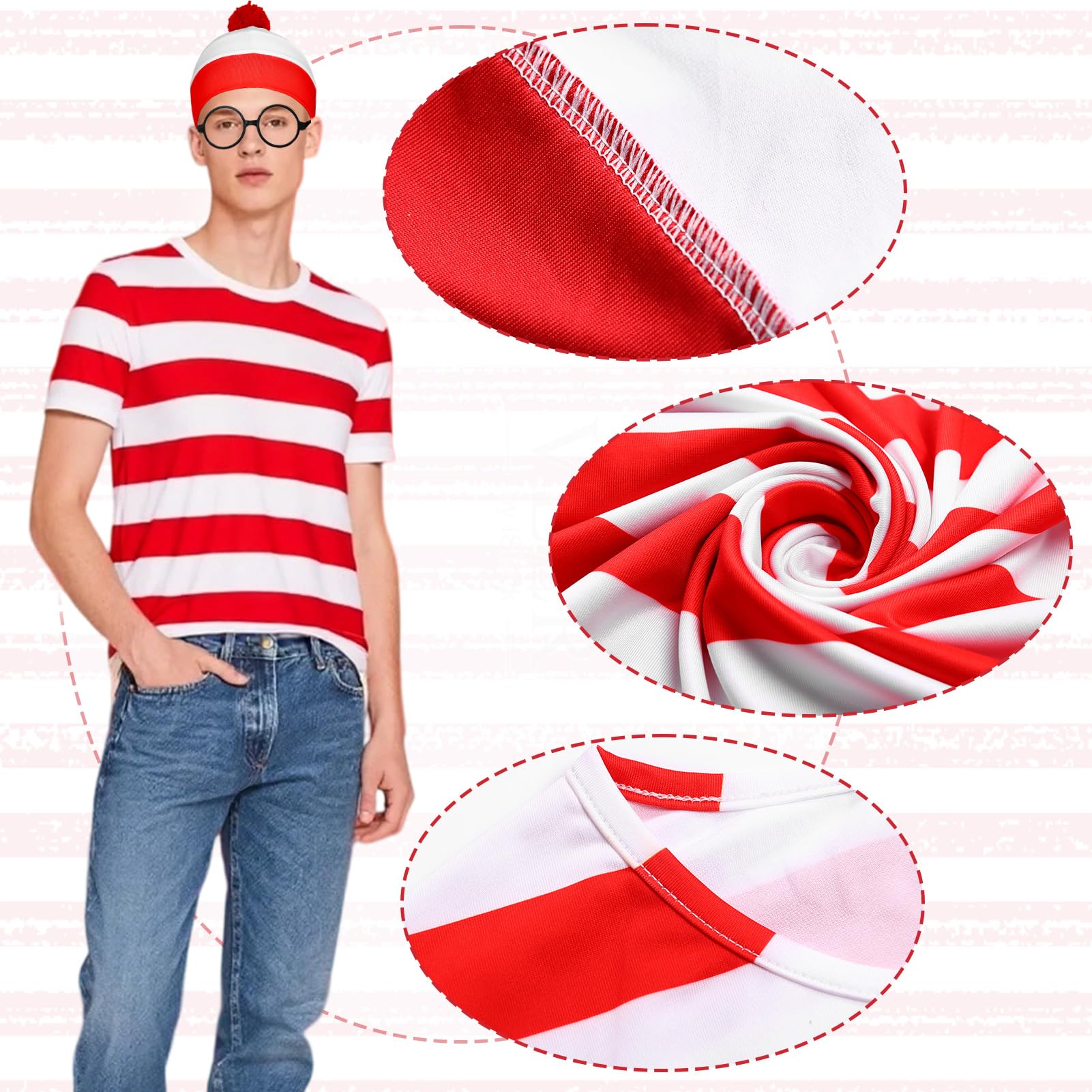 Meriviva Adult World Book Day Costumes, Red and White Striped Top Set including Hat Glasses Magnifying Glass - Image 2
