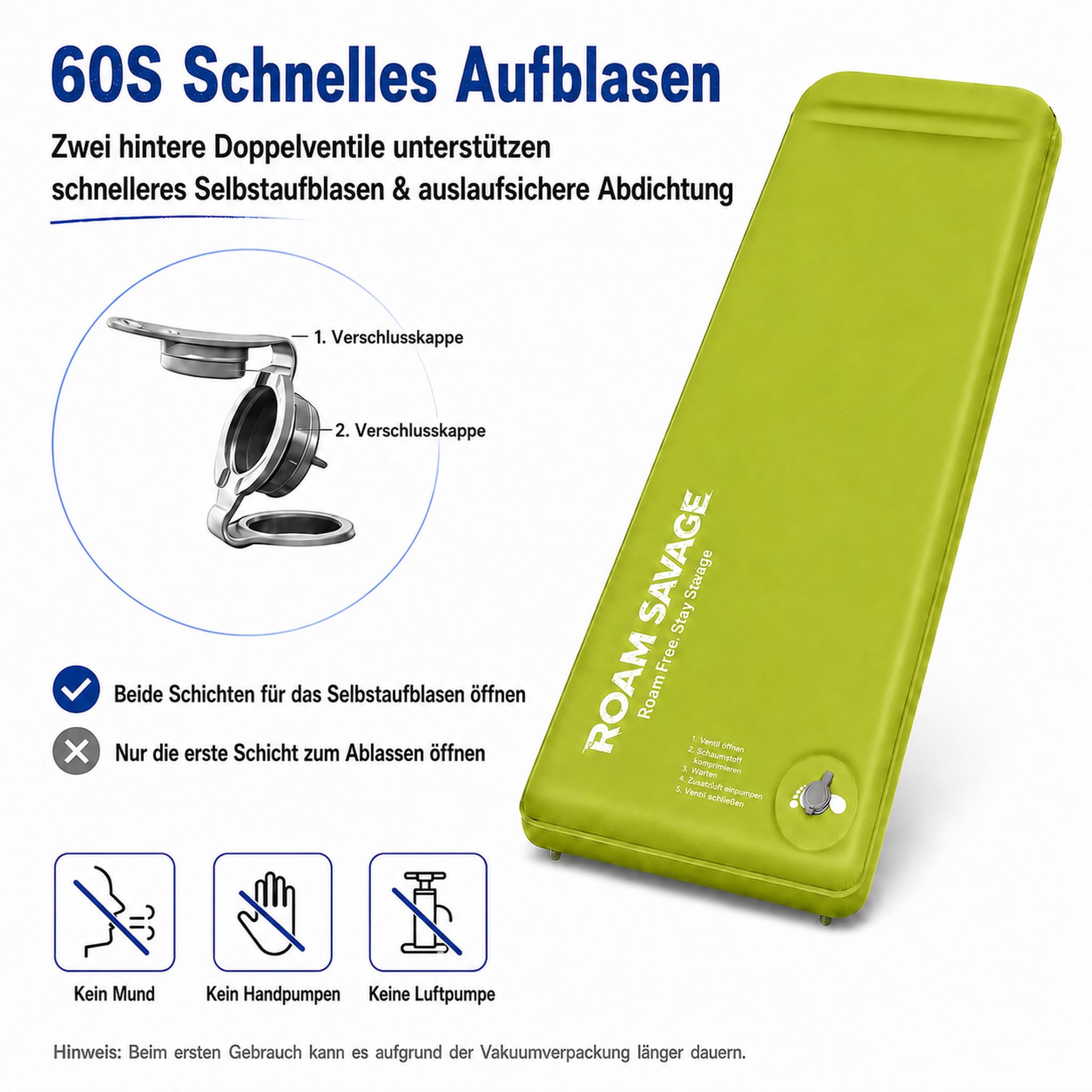 ROAM Savage Selbstaufblasende Camping-Isomatte, 7 cm Schlafmatte mit Kopfkissen, R-Wert 8,0 Isolierung, 50D TPU-Gewebe, koppelbare Luftmatratze für Camping, Wandern und Reisen