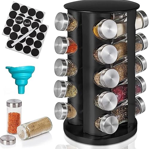 Miniatura 9 de EBIZ&TECH Estante giratorio de acero inoxidable para 20 tarros con base antideslizante, organizador de especias de pie, estante giratorio para
