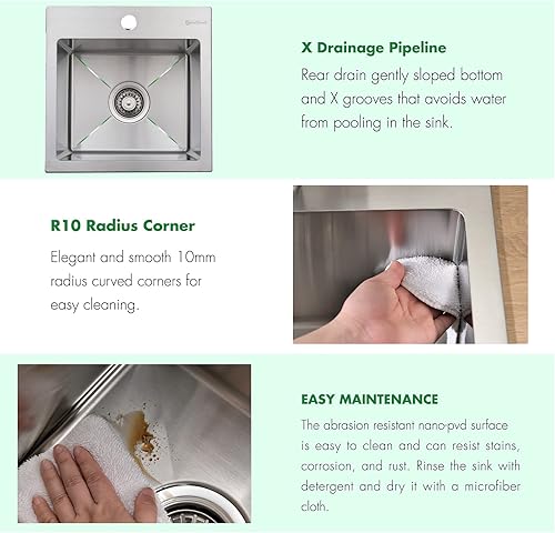 Miniatura 4 de EcoChannels Fregadero de cocina de 15 x 15 x 10 pulgadas, fregadero de barra de acero inoxidable T-304 calibre 16 con accesorios