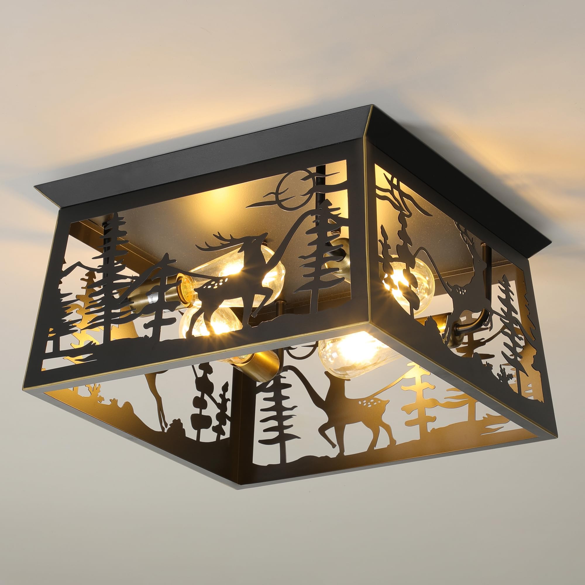 Rustic Deer Design Flush Mount Ceiling Light Fixture 16-Inch 4-Light,Wildlife Light Fixtures for Kitchen Dining Room,Kitchen,Bedroom,Foyer,Entryway,Hallway,Balcony