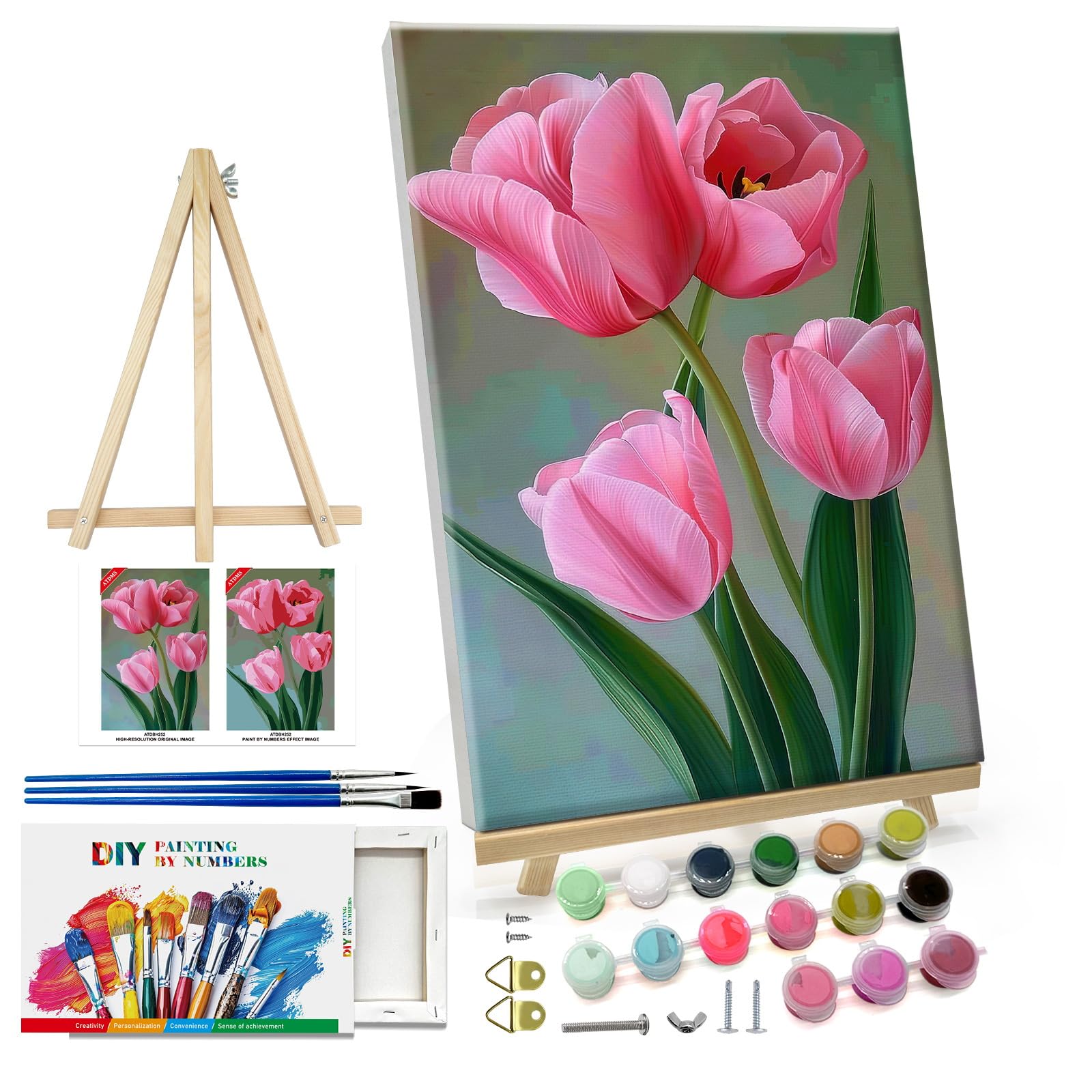 ATDMS Paint by Numbers Kit for Adults with Frame Flowers Paint by Number with Easel DIY Tulip Adult Paint by Number Kits Oil Painting Kits for Gift